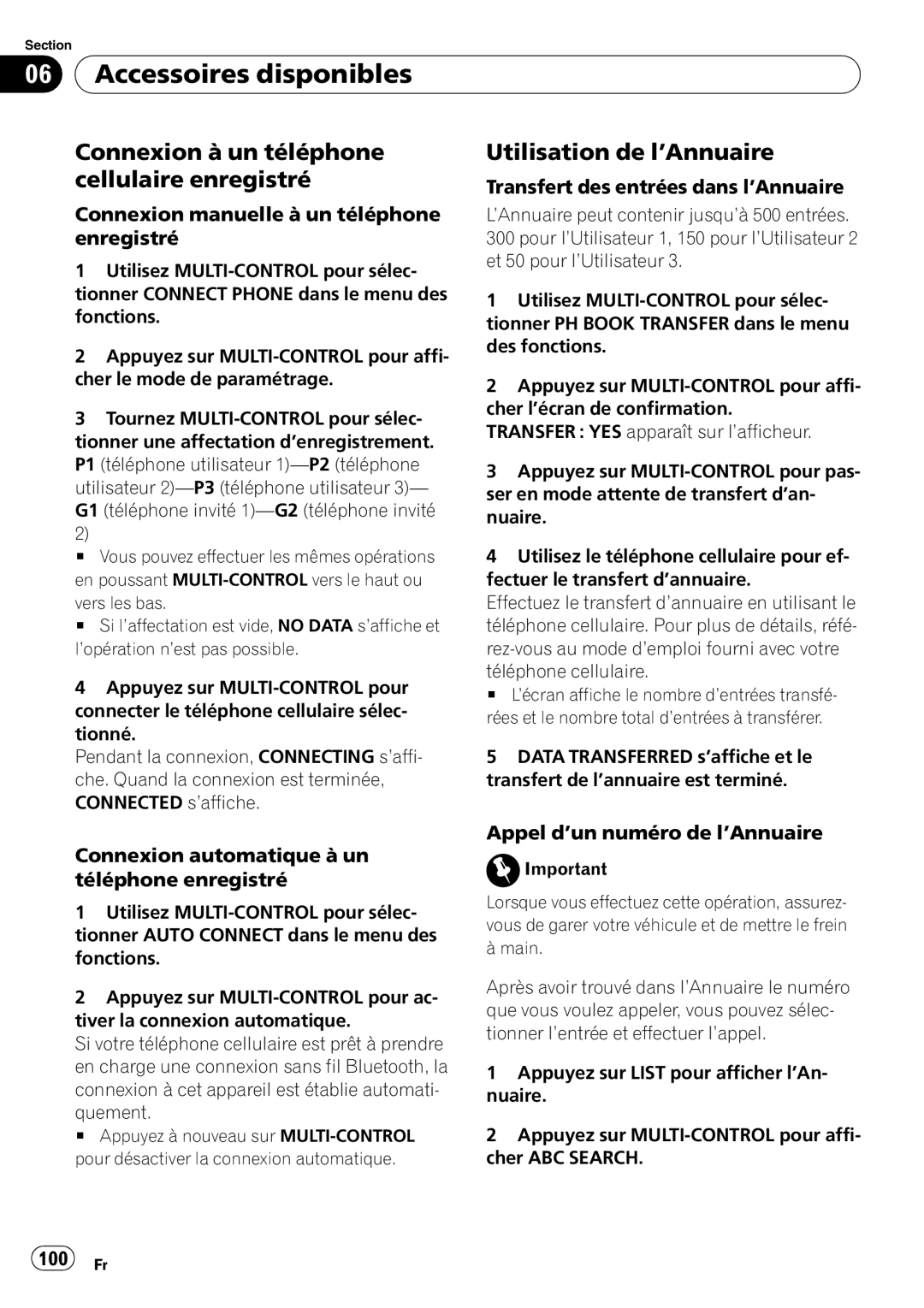 Pioneer DEH-P500UB operation manual Connexion à un téléphone cellulaire enregistré, Utilisation de l’Annuaire, 100 Fr 