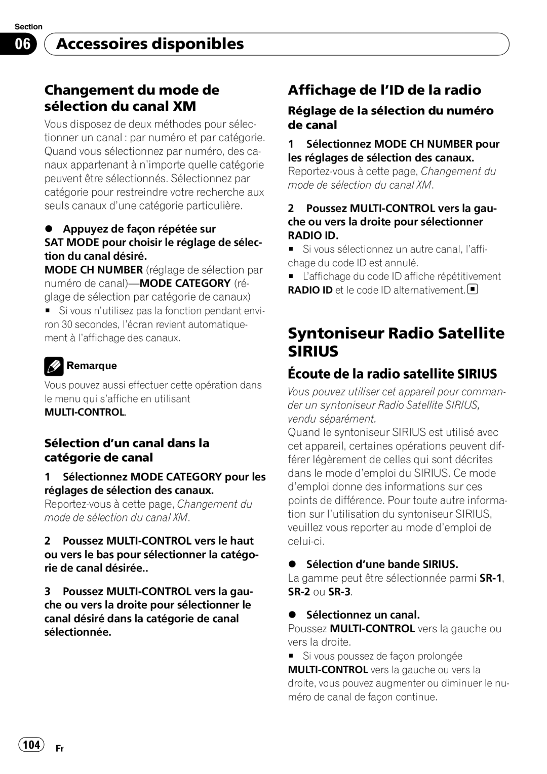 Pioneer DEH-P500UB Syntoniseur Radio Satellite, Changement du mode de sélection du canal XM, Affichage de l’ID de la radio 