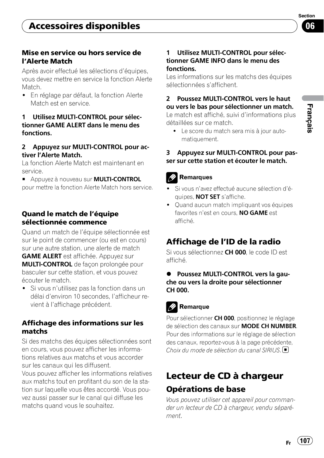 Pioneer DEH-P500UB operation manual Lecteur de CD à chargeur, Mise en service ou hors service de l’Alerte Match 