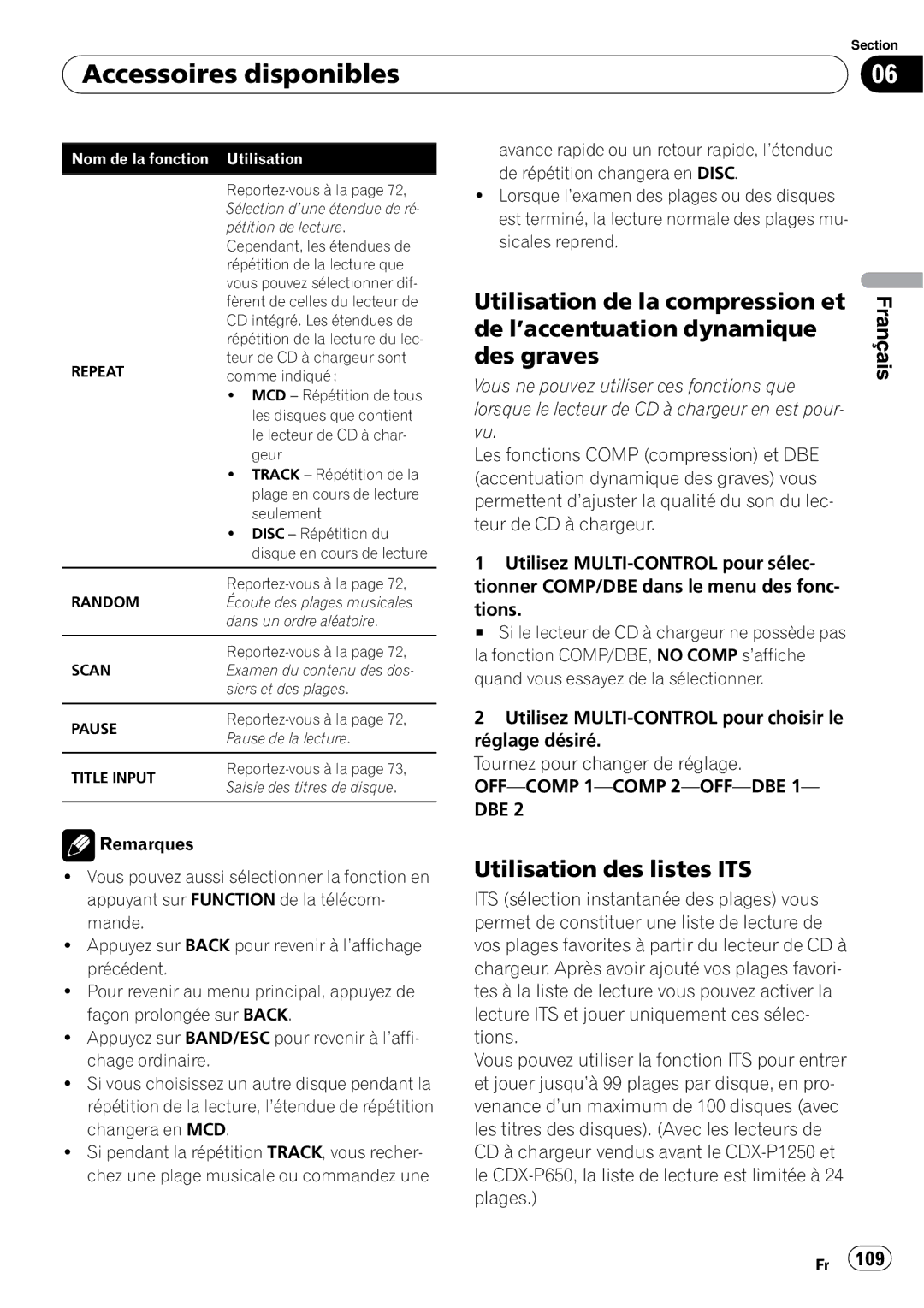 Pioneer DEH-P500UB operation manual Utilisation des listes ITS, OFF-COMP 1-COMP 2-OFF-DBE, Dbe 