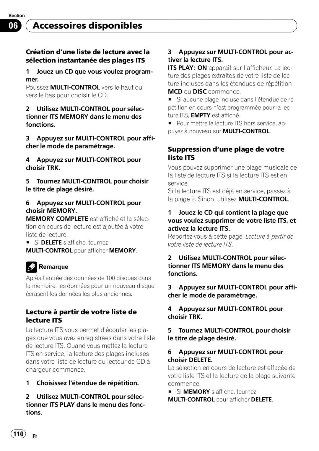 Pioneer DEH-P500UB Lecture à partir de votre liste de lecture ITS, Suppression d’une plage de votre liste ITS, 110 Fr 