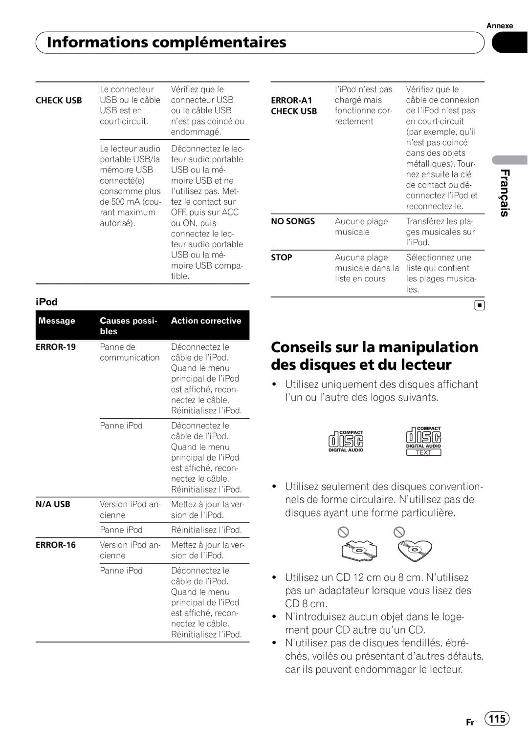 Pioneer DEH-P500UB operation manual Informations complémentaires, Conseils sur la manipulation des disques et du lecteur 