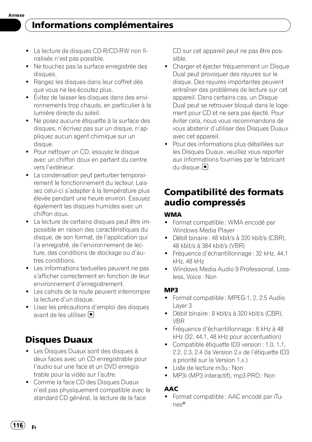 Pioneer DEH-P500UB operation manual Disques Duaux, Compatibilité des formats audio compressés, 116 Fr, Vbr 