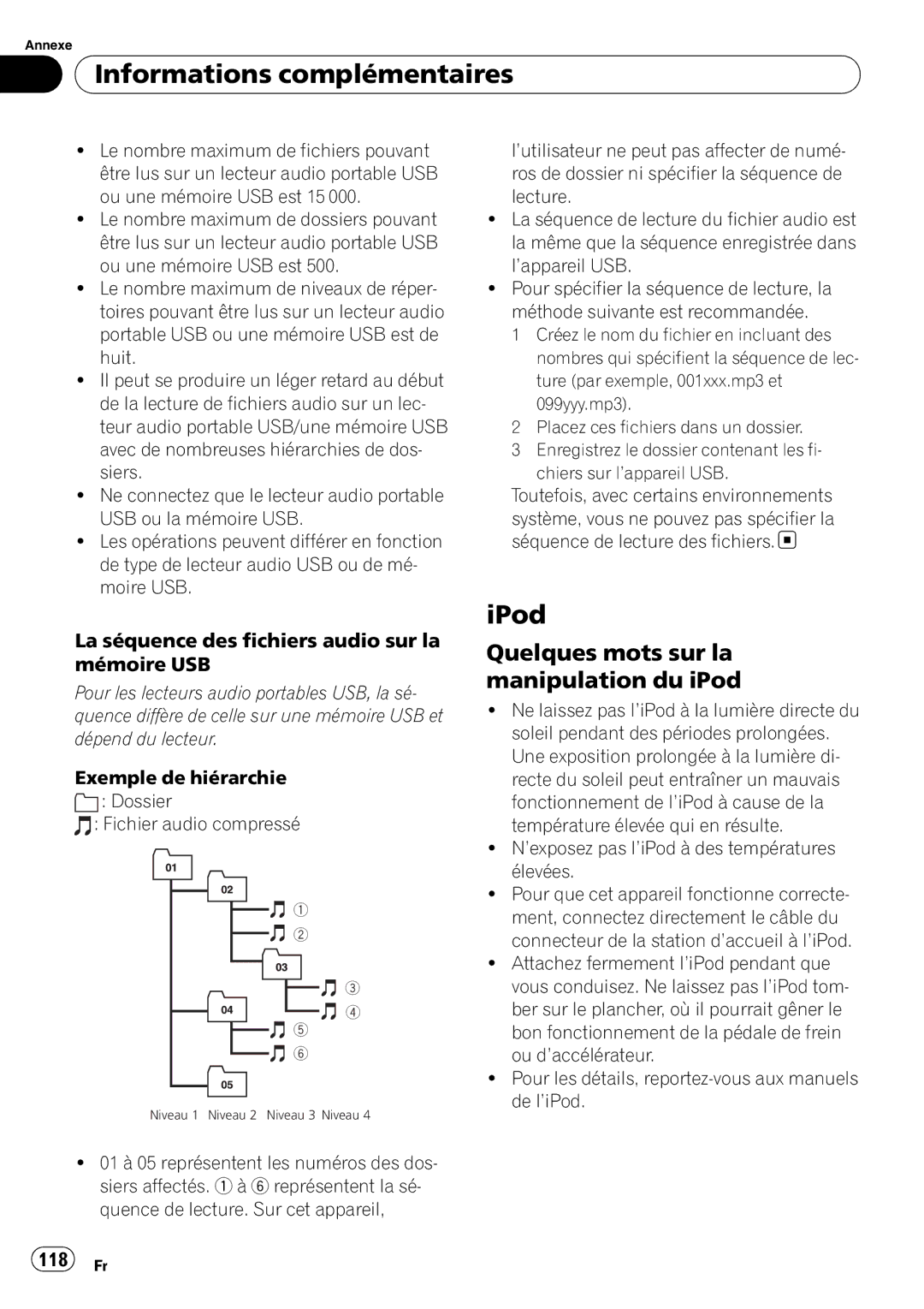Pioneer DEH-P500UB Quelques mots sur la manipulation du iPod, La séquence des fichiers audio sur la mémoire USB, 118 Fr 