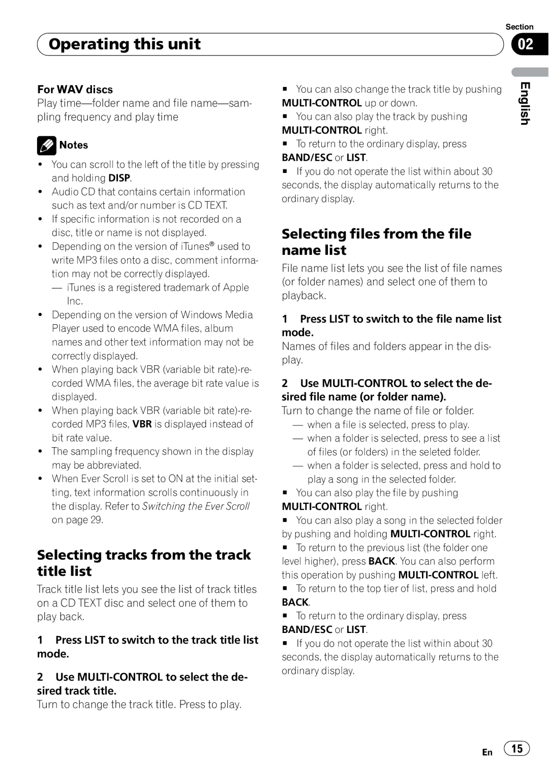 Pioneer DEH-P500UB operation manual Selecting tracks from the track title list, Selecting files from the file name list 