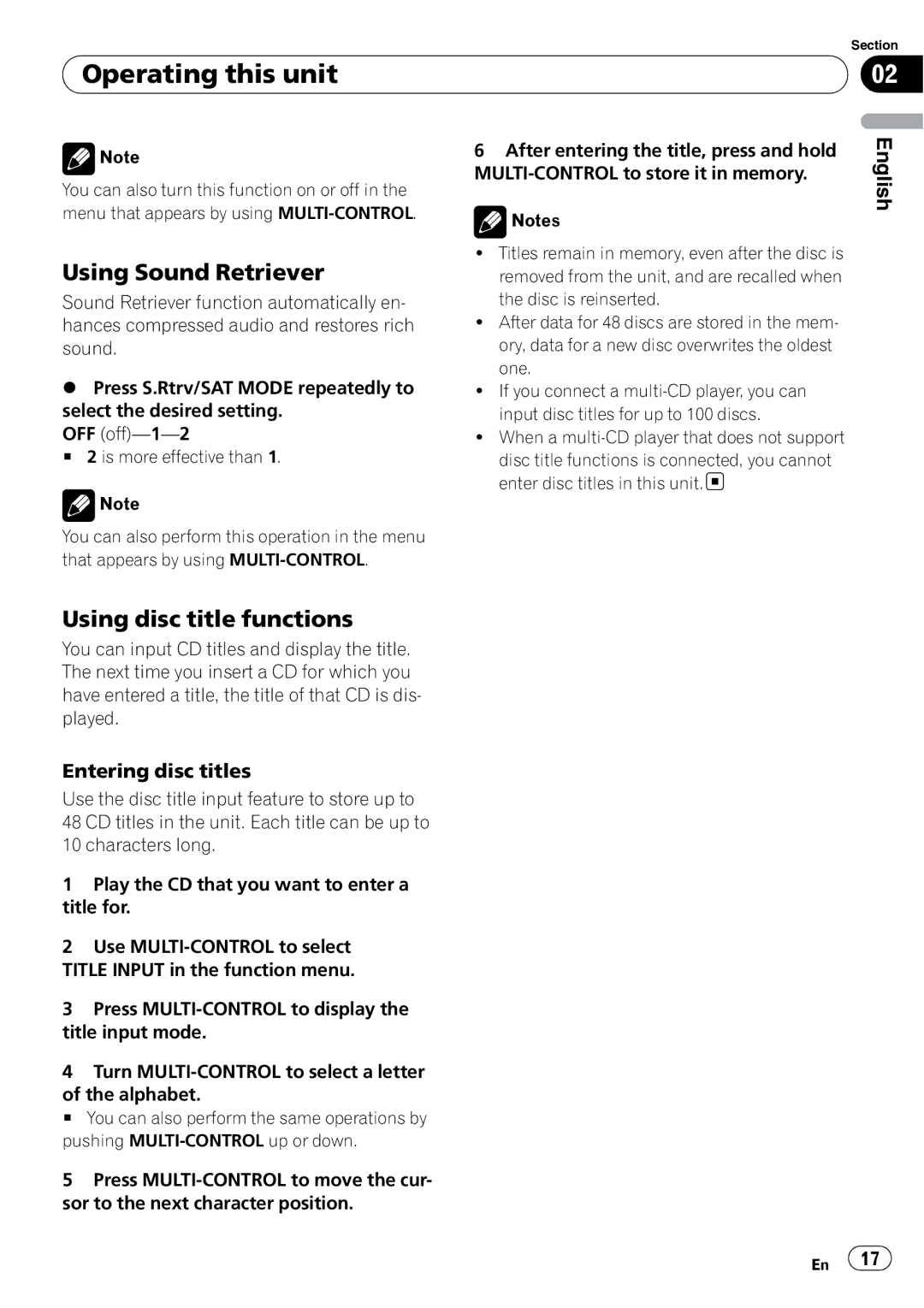 Pioneer DEH-P500UB operation manual Using Sound Retriever, Using disc title functions, Entering disc titles 