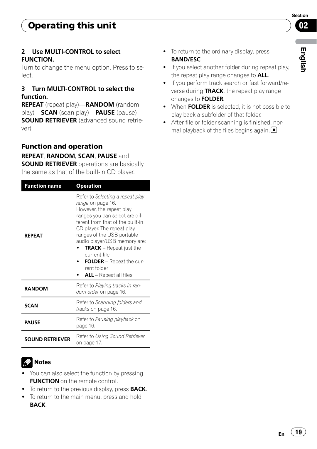 Pioneer DEH-P500UB operation manual Function and operation, Function name Operation 