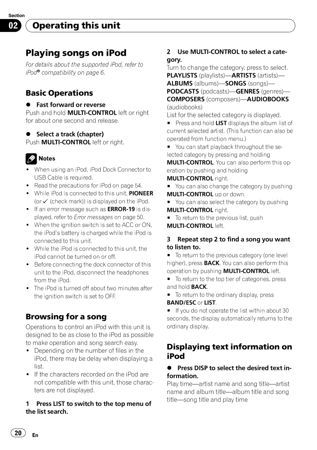 Pioneer DEH-P500UB operation manual Operating this unit Playing songs on iPod, Browsing for a song, IPod 