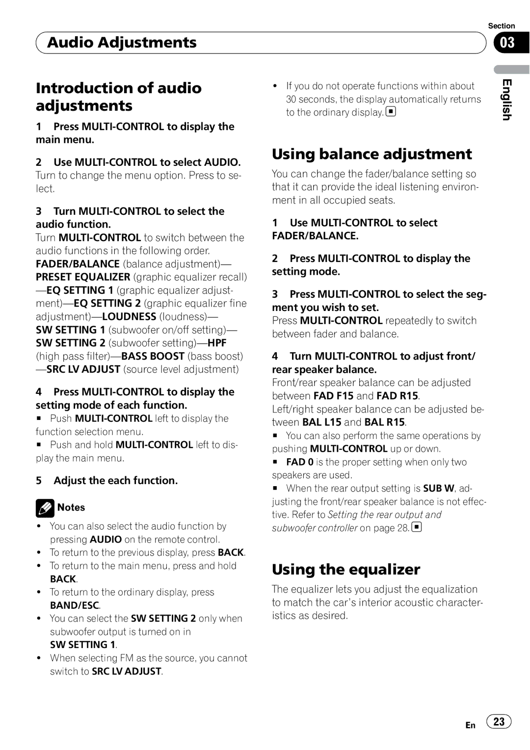 Pioneer DEH-P500UB operation manual Audio Adjustments Introduction of audio, Using balance adjustment, Using the equalizer 