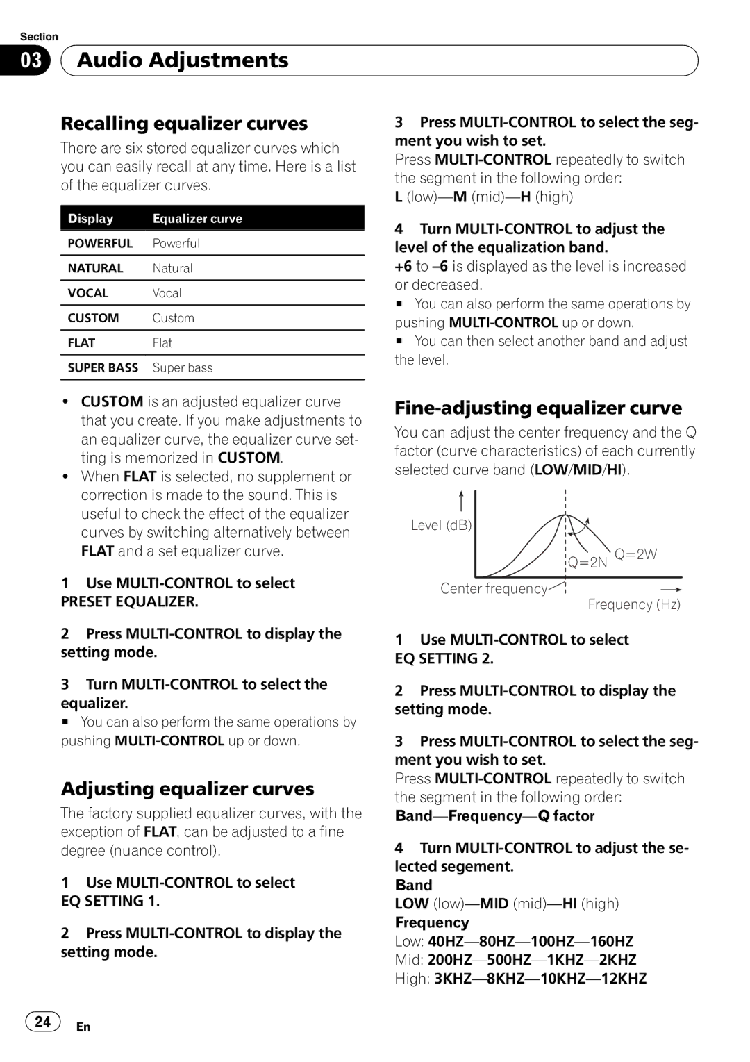 Pioneer DEH-P500UB operation manual Audio Adjustments, Recalling equalizer curves, Fine-adjusting equalizer curve 