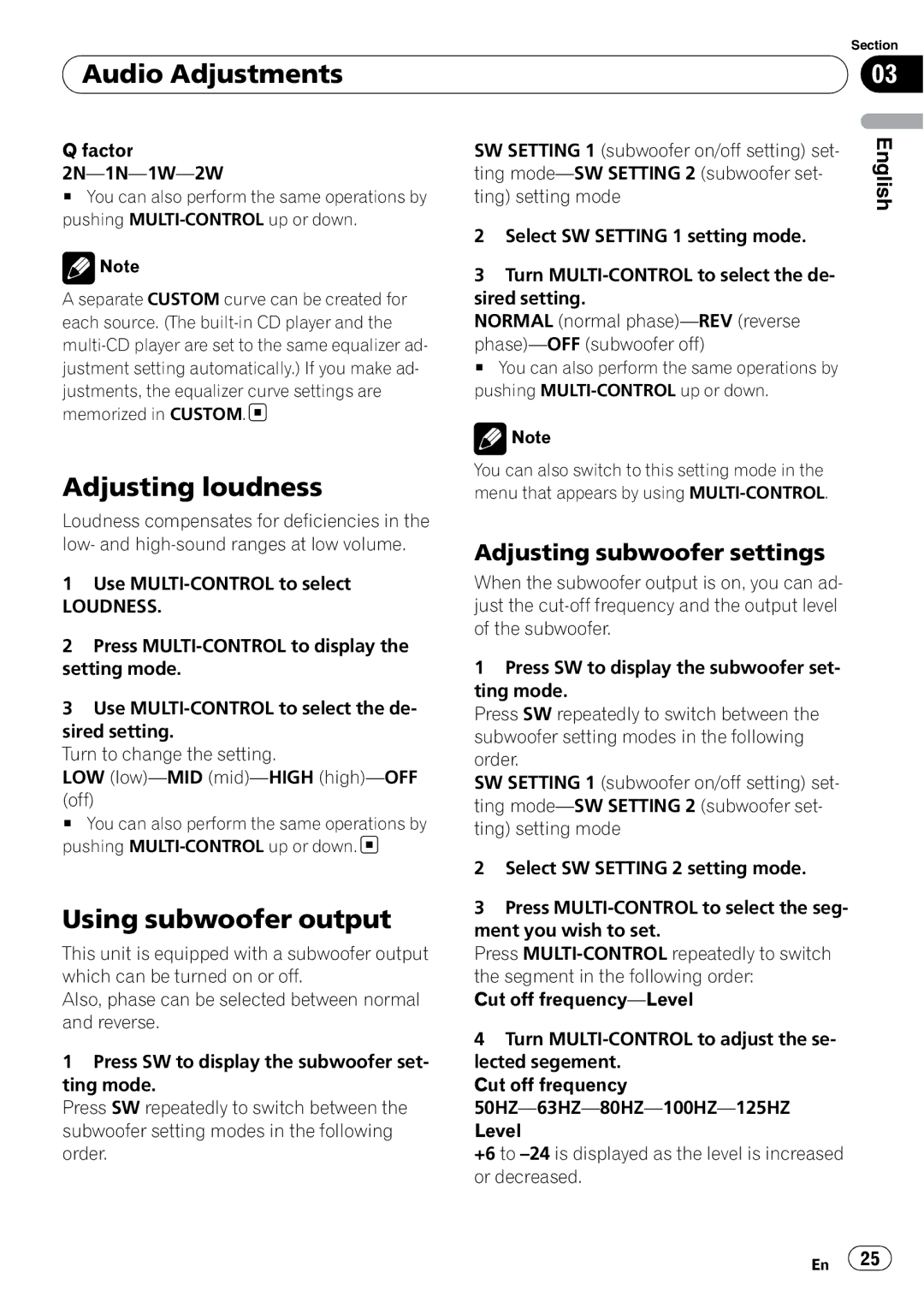 Pioneer DEH-P500UB operation manual Adjusting loudness, Using subwoofer output, Adjusting subwoofer settings, Loudness 