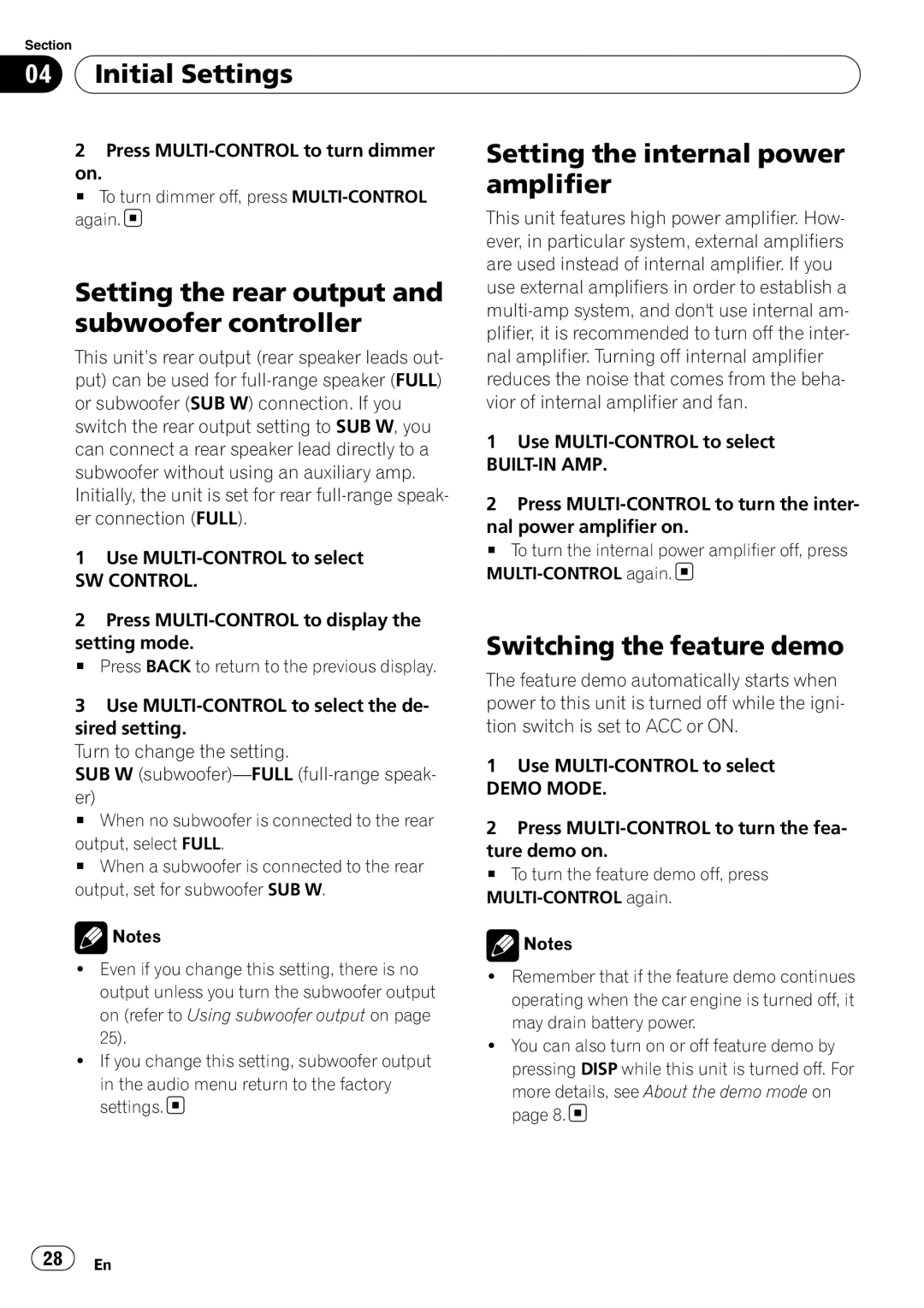 Pioneer DEH-P500UB operation manual Initial Settings, Setting the internal power, Amplifier, Switching the feature demo 