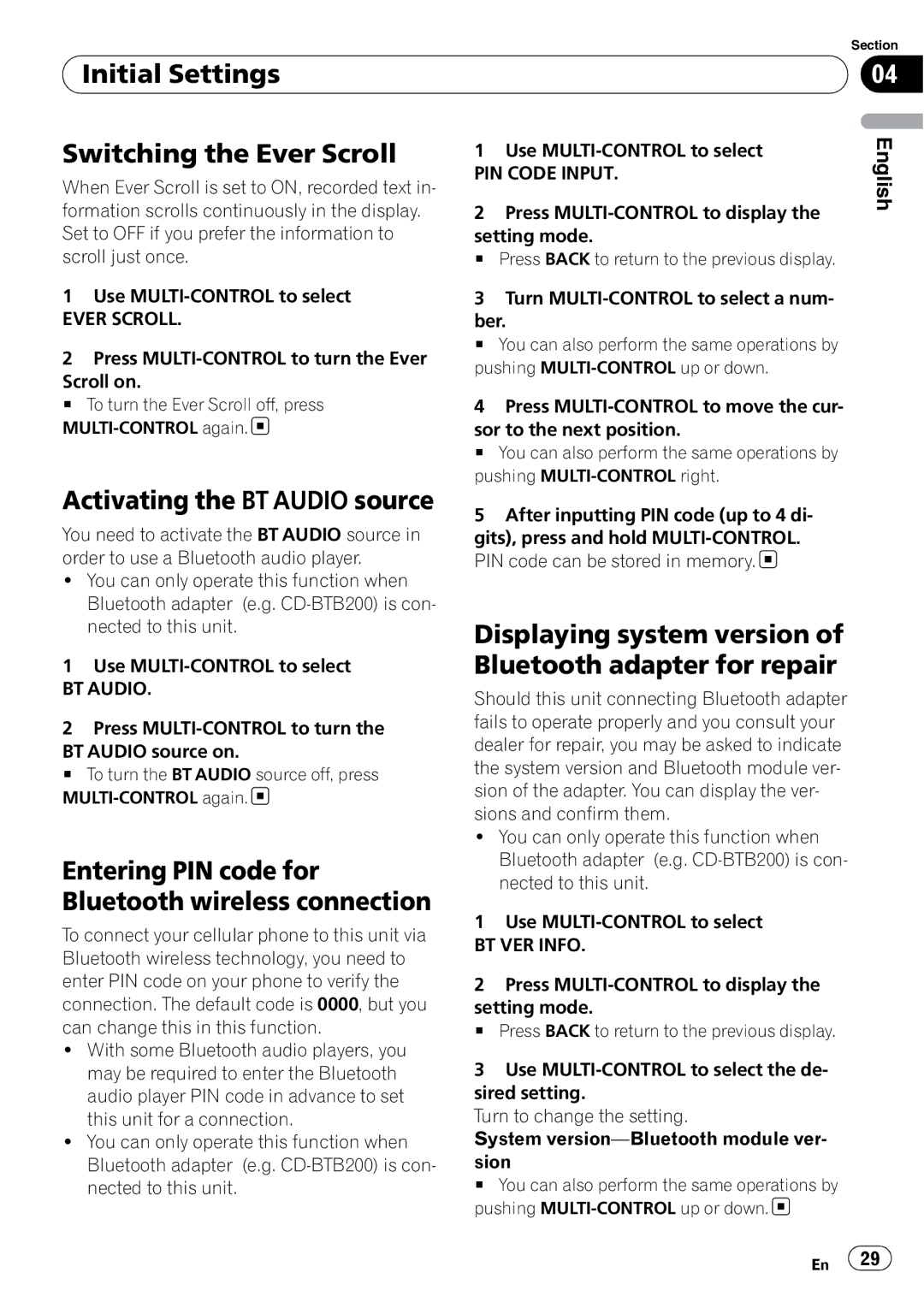 Pioneer DEH-P500UB operation manual Initial Settings Switching the Ever Scroll, Activating the BT Audio source 