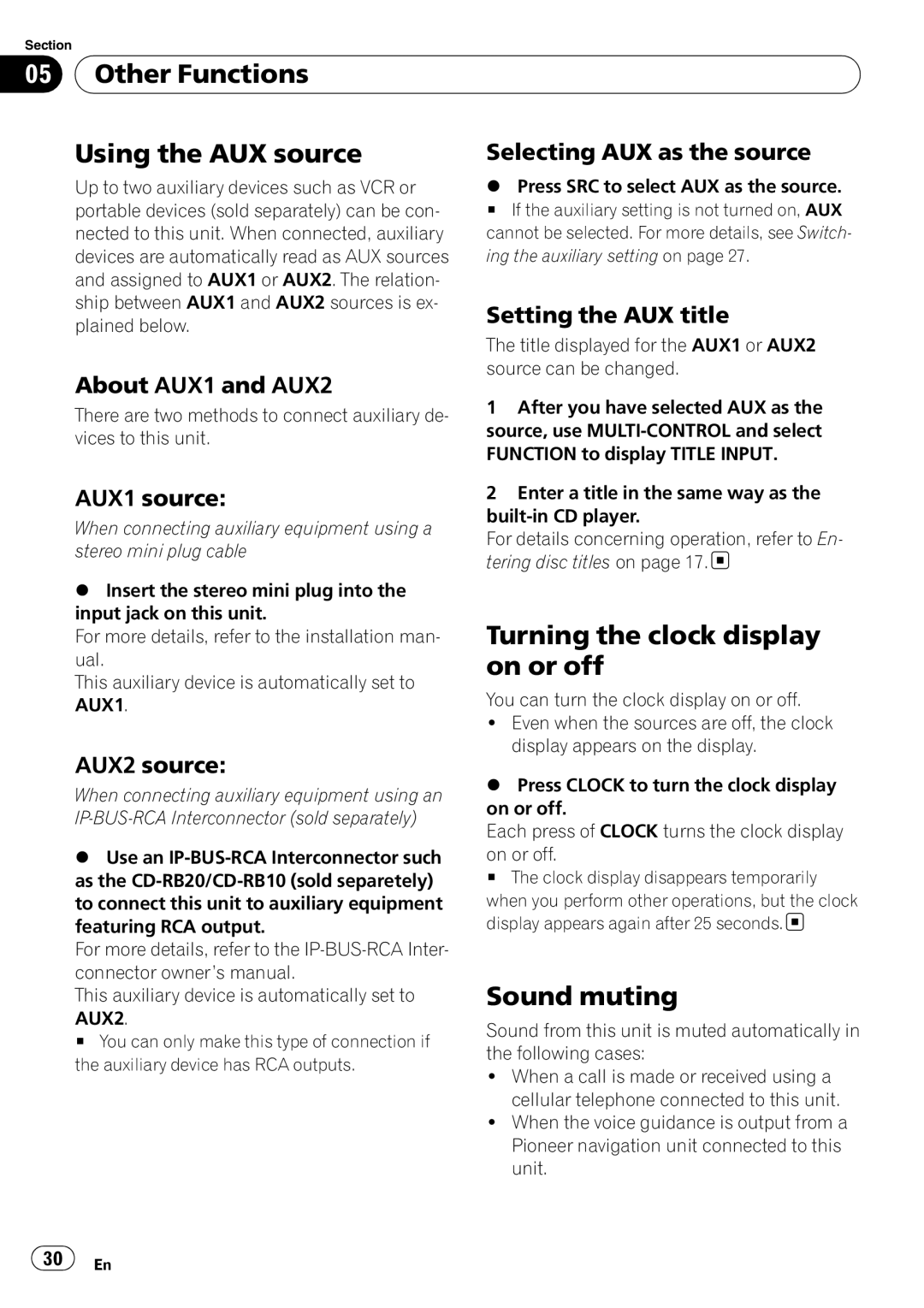 Pioneer DEH-P500UB operation manual Other Functions Using the AUX source, Turning the clock display on or off, Sound muting 