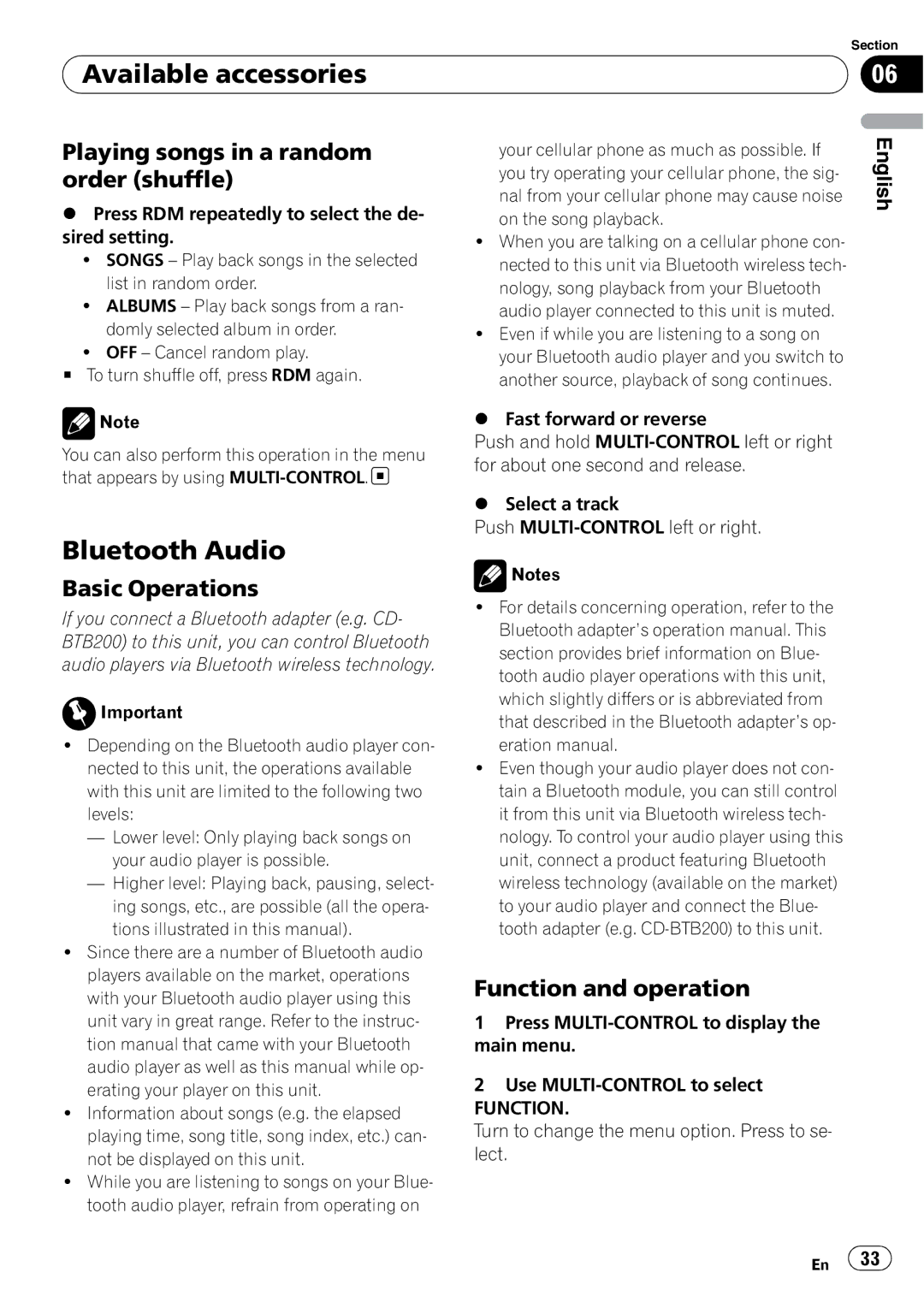 Pioneer DEH-P500UB operation manual Available accessories, Bluetooth Audio 