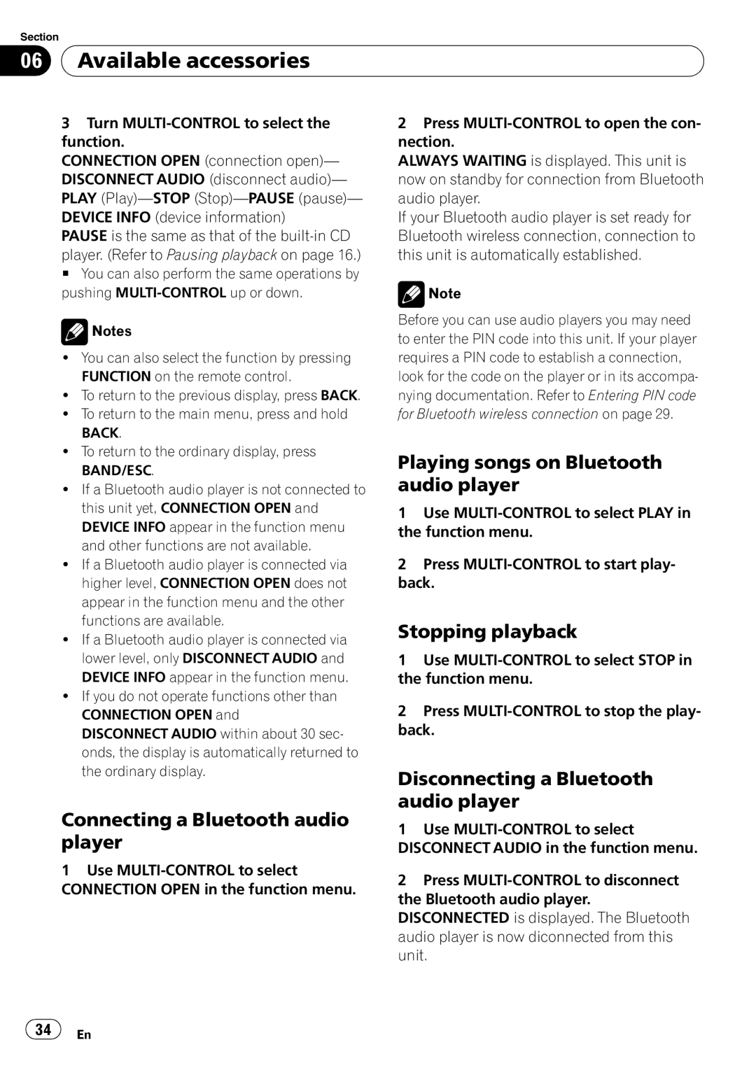 Pioneer DEH-P500UB Connecting a Bluetooth audio player, Playing songs on Bluetooth audio player, Stopping playback 