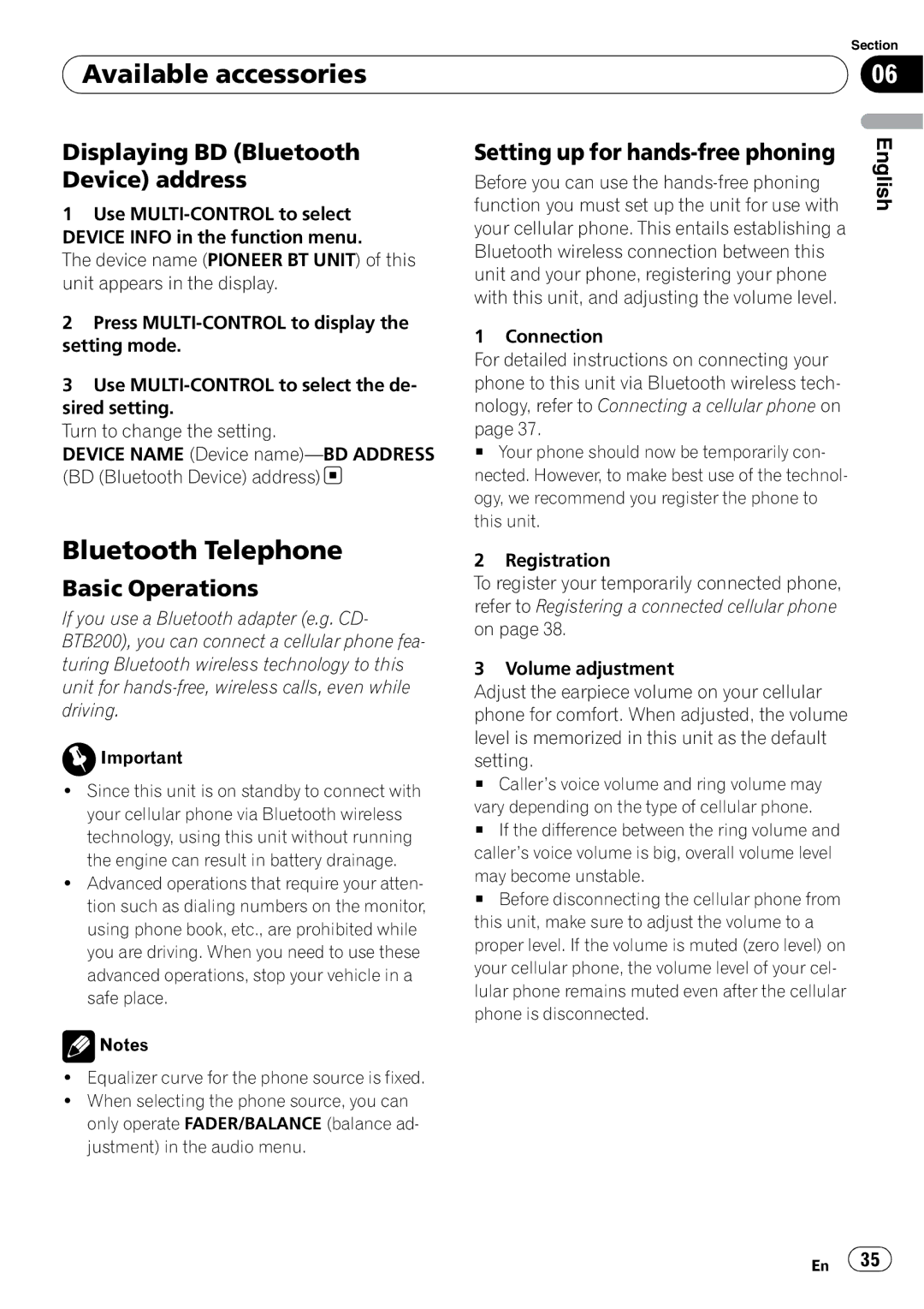 Pioneer DEH-P500UB Bluetooth Telephone, Displaying BD Bluetooth Device address, Setting up for hands-free phoning 