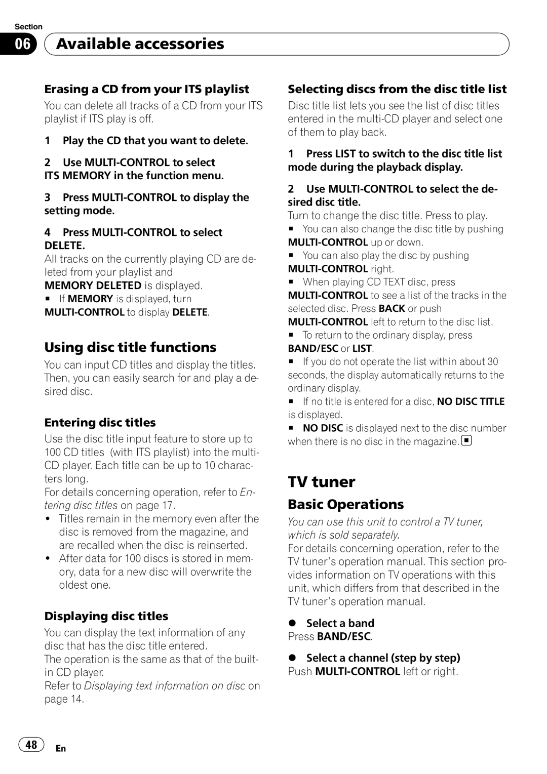 Pioneer DEH-P500UB operation manual TV tuner, Erasing a CD from your ITS playlist, Selecting discs from the disc title list 