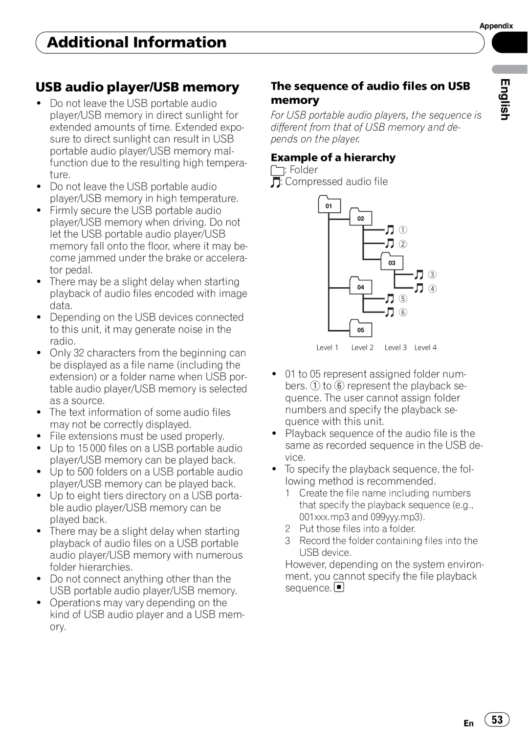 Pioneer DEH-P500UB operation manual Sequence of audio files on USB Memory, Level Level 2 Level 3 Level 