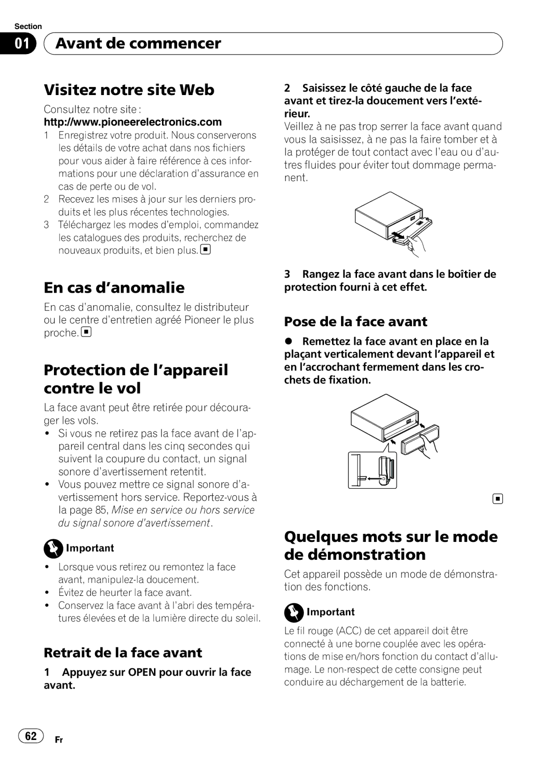 Pioneer DEH-P500UB Avant de commencer Visitez notre site Web, En cas d’anomalie, Protection de l’appareil contre le vol 