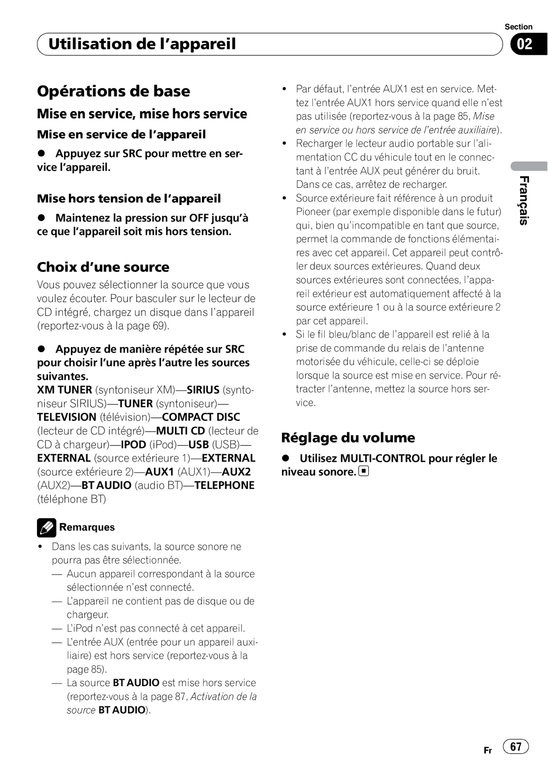 Pioneer DEH-P500UB Utilisation de l’appareil Opérations de base, Mise en service, mise hors service, Choix d’une source 