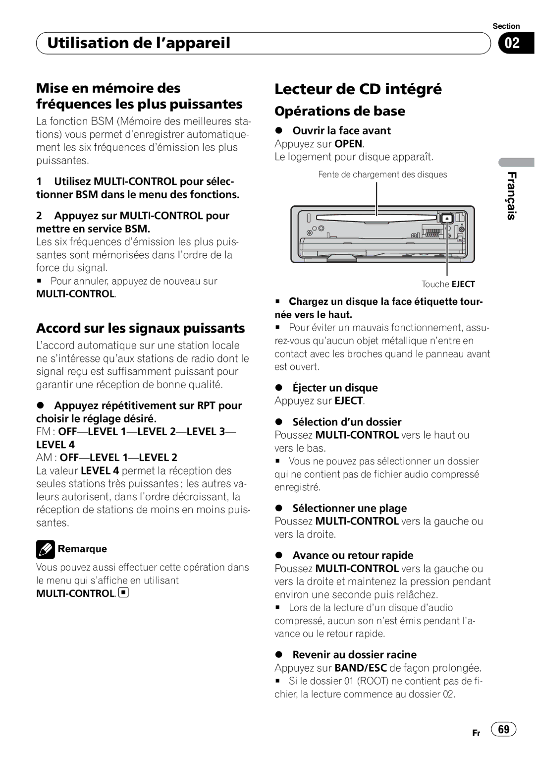 Pioneer DEH-P500UB operation manual Lecteur de CD intégré, Mise en mémoire des fréquences les plus puissantes 