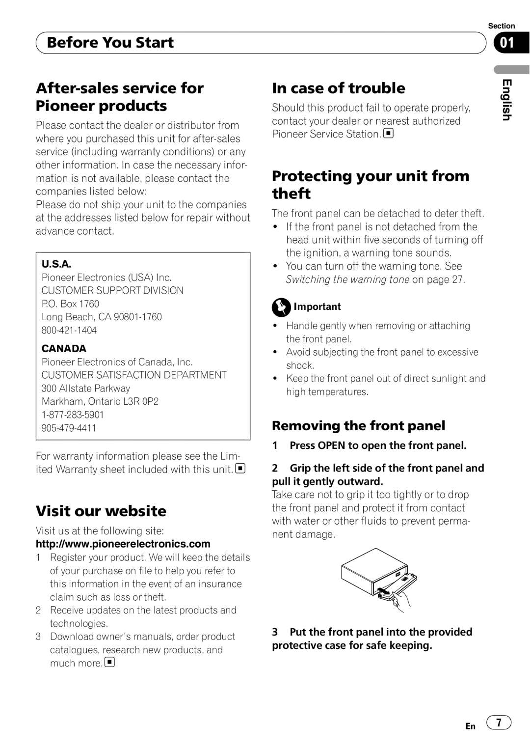 Pioneer DEH-P500UB Before You Start After-sales service for Pioneer products, Visit our website, Case of trouble 