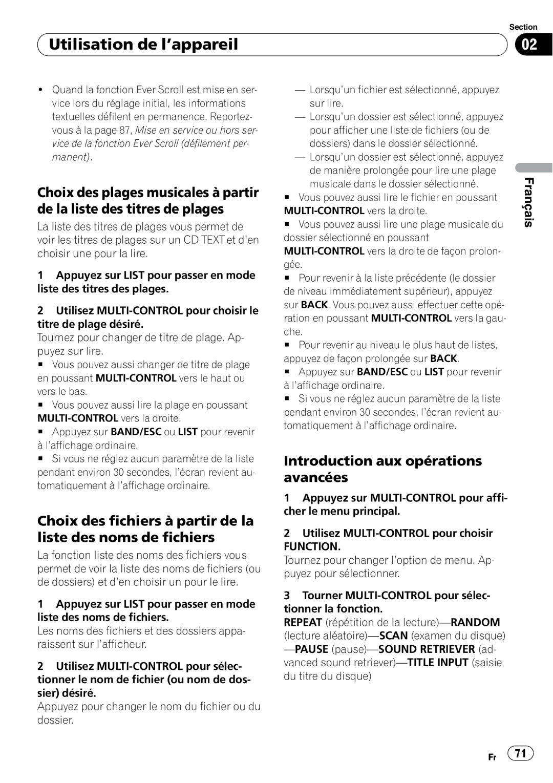 Pioneer DEH-P500UB Choix des fichiers à partir de la liste des noms de fichiers, Introduction aux opérations avancées 