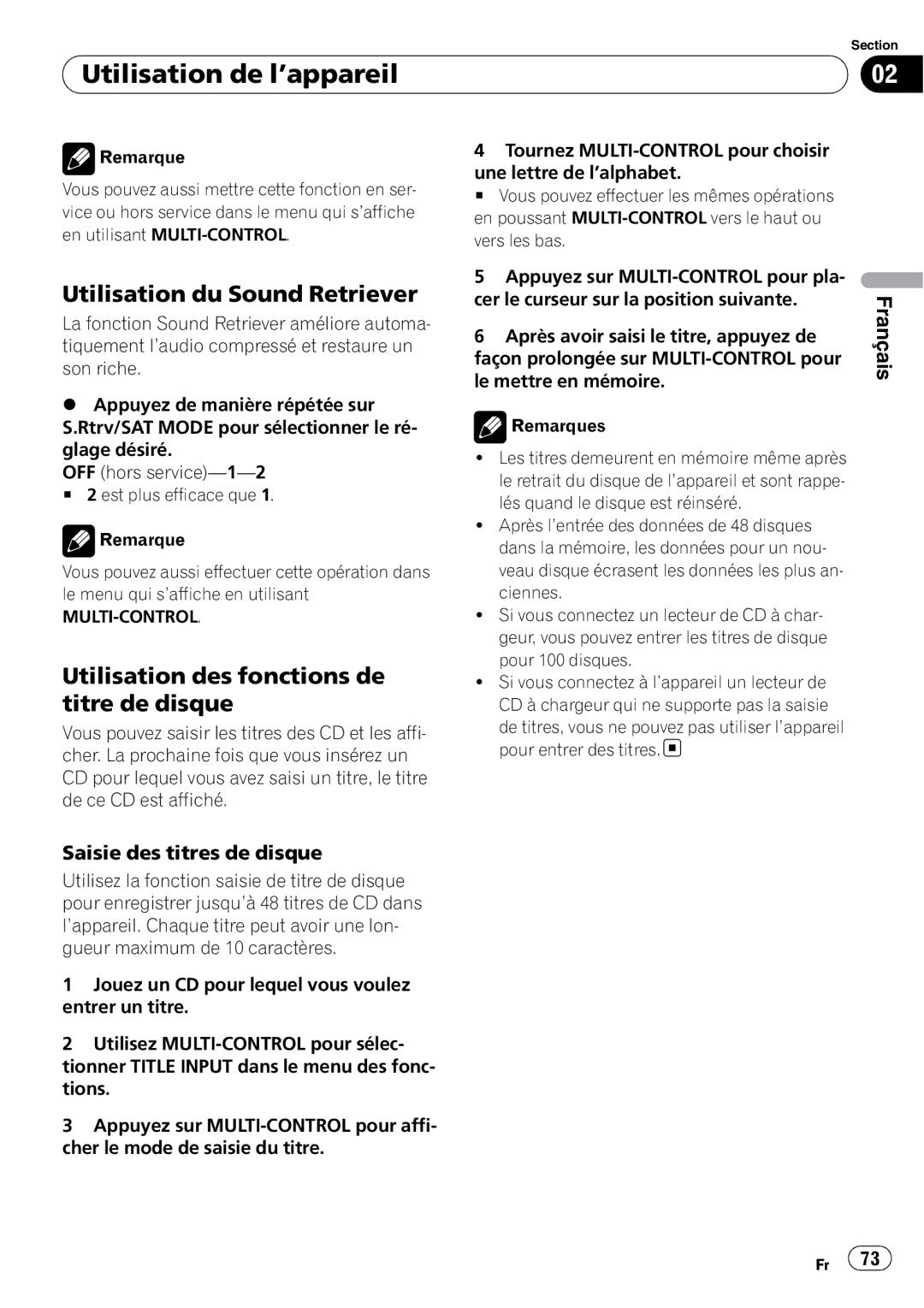 Pioneer DEH-P500UB operation manual Utilisation du Sound Retriever, Utilisation des fonctions de titre de disque 