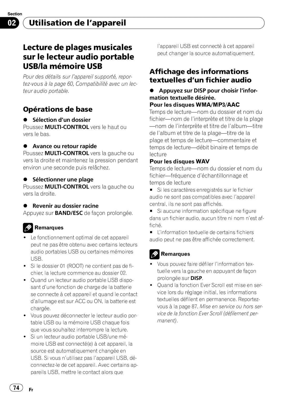 Pioneer DEH-P500UB operation manual Utilisation de l’appareil Lecture de plages musicales, Sur le lecteur audio portable 