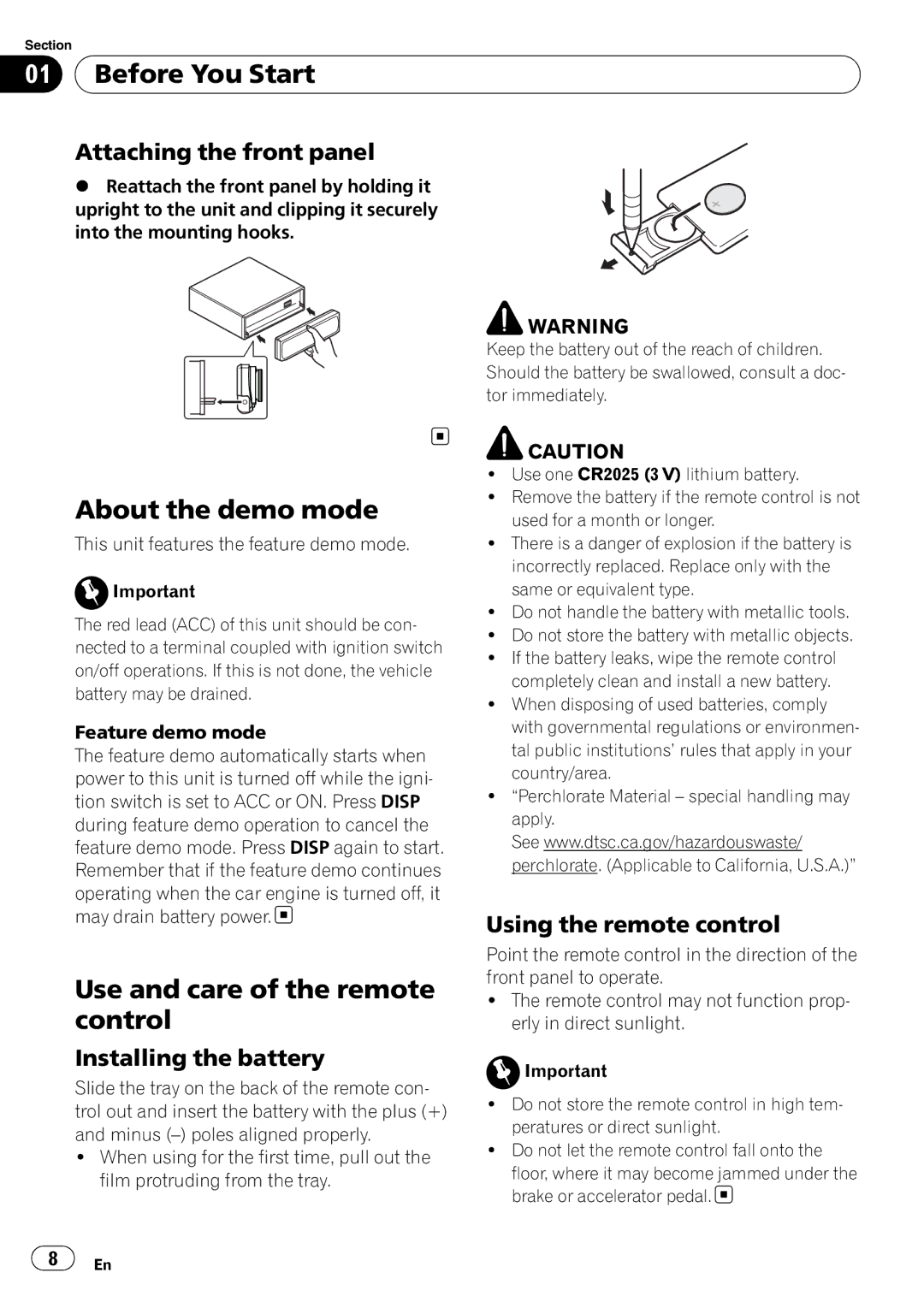 Pioneer DEH-P500UB operation manual About the demo mode, Use and care of the remote control, Attaching the front panel 