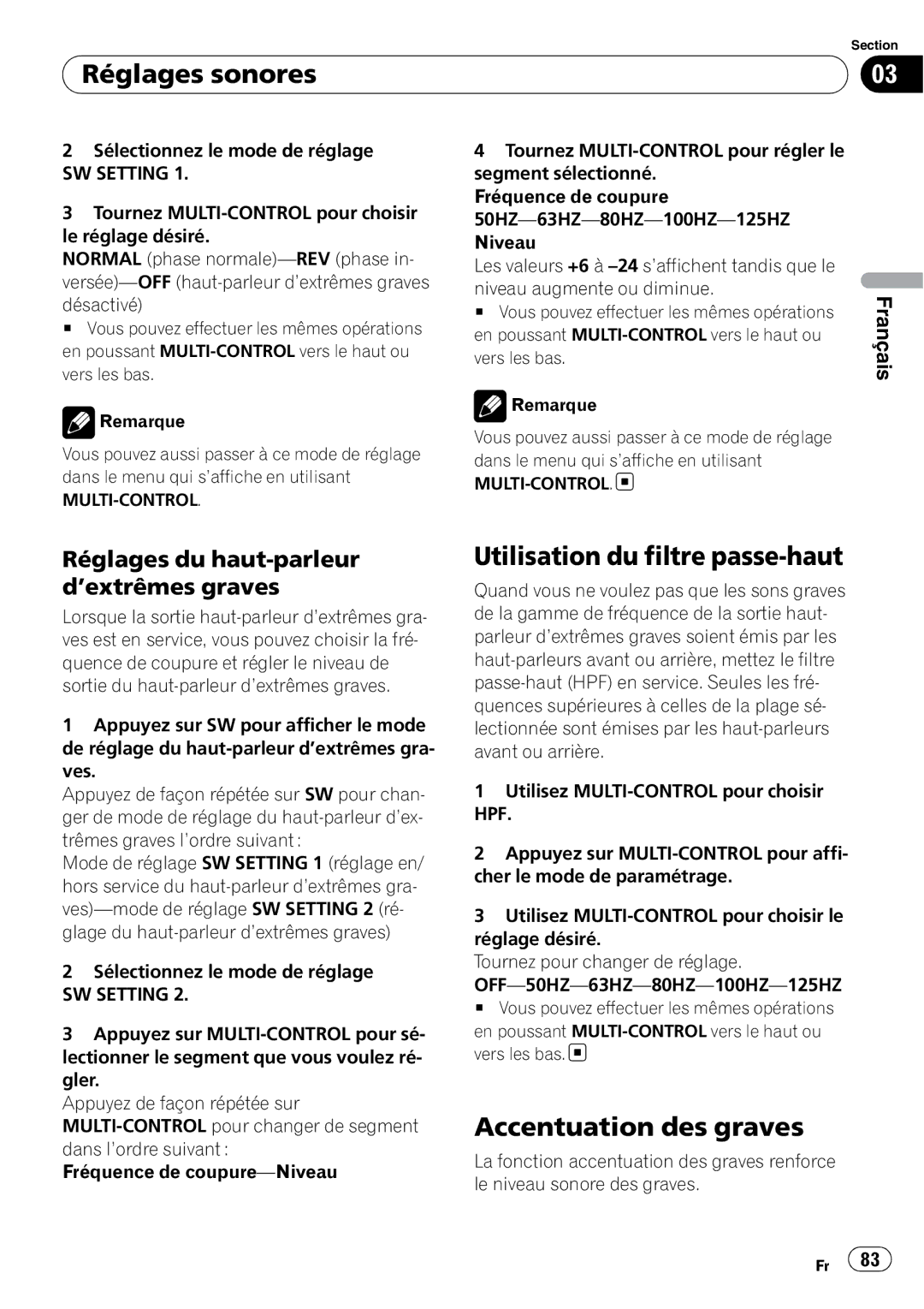 Pioneer DEH-P500UB Utilisation du filtre passe-haut, Accentuation des graves, Réglages du haut-parleur d’extrêmes graves 