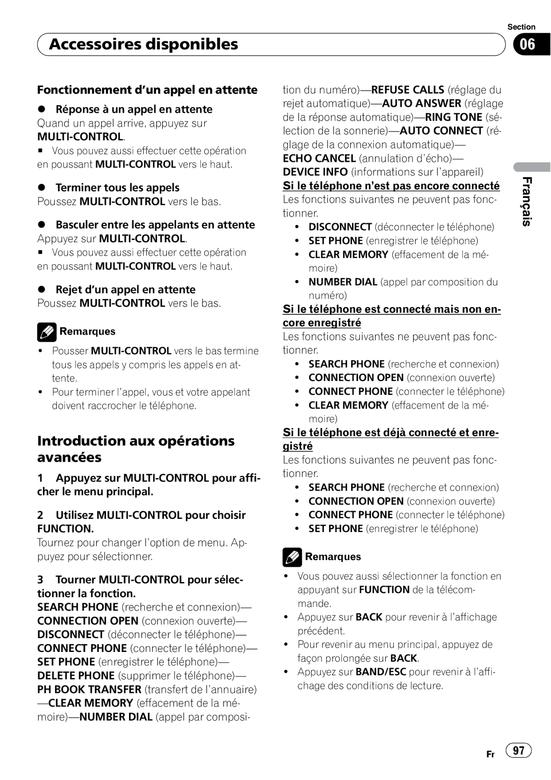 Pioneer DEH-P500UB operation manual Introduction aux opérations avancées, Fonctionnement d’un appel en attente 