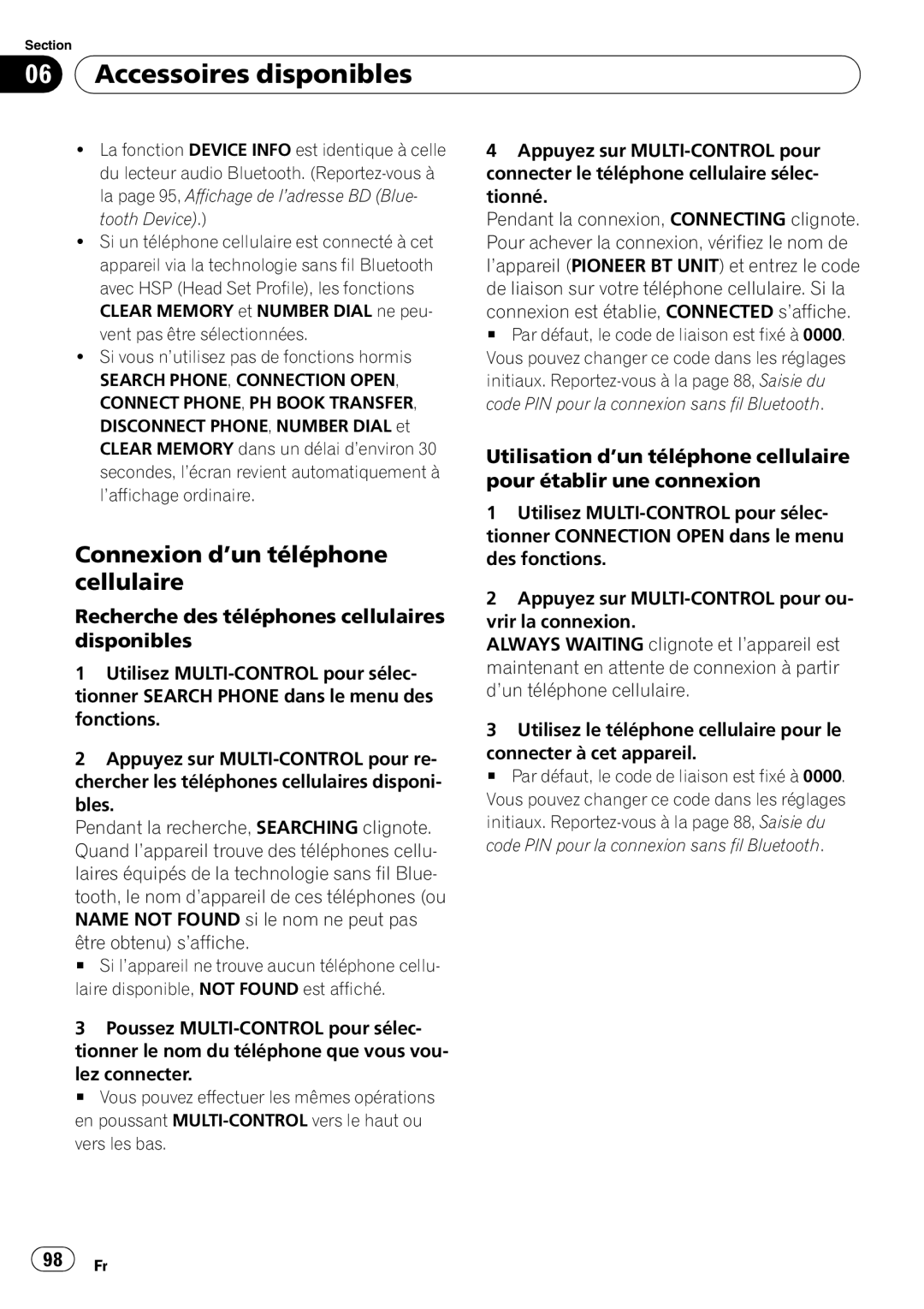 Pioneer DEH-P500UB operation manual Connexion d’un téléphone cellulaire, Recherche des téléphones cellulaires disponibles 