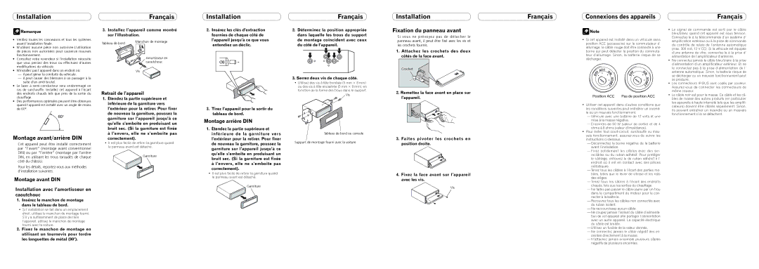 Pioneer DEH-P500UB Installation Français Connexions des appareils, Fixation du panneau avant, Montage avant/arrière DIN 
