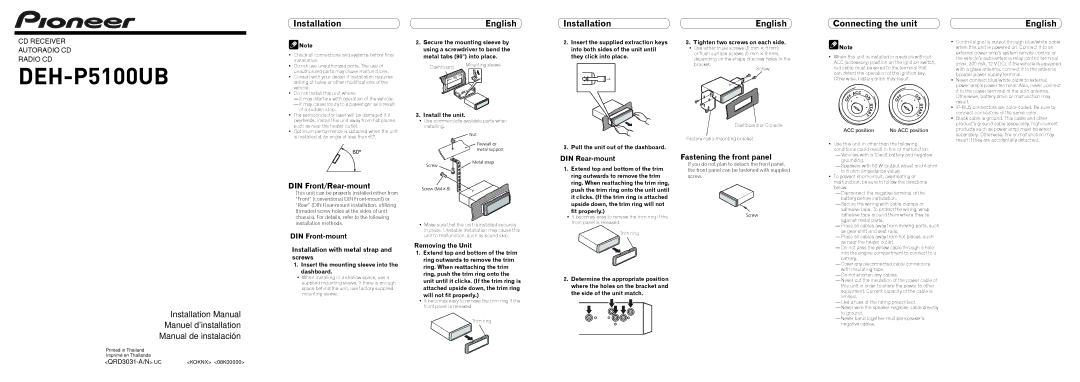 Pioneer DEH-P5100UB installation manual Fastening the front panel, DIN Front/Rear-mount, DIN Rear-mount, DIN Front-mount 