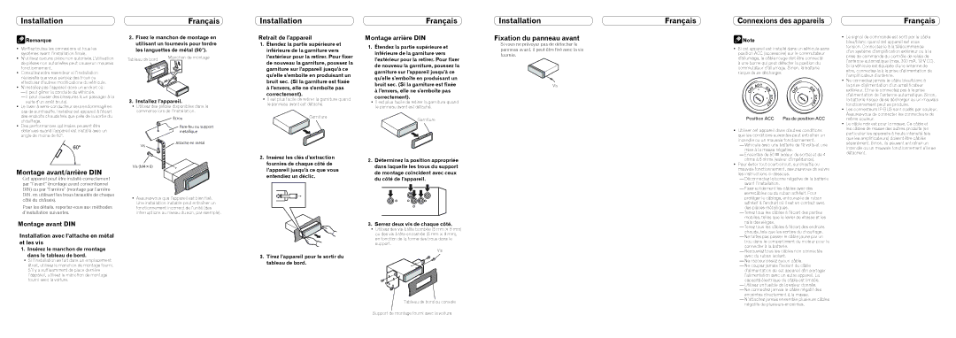 Pioneer DEH-P5100UB Fixation du panneau avant, Montage avant/arrière DIN, Montage arrière DIN, Montage avant DIN 