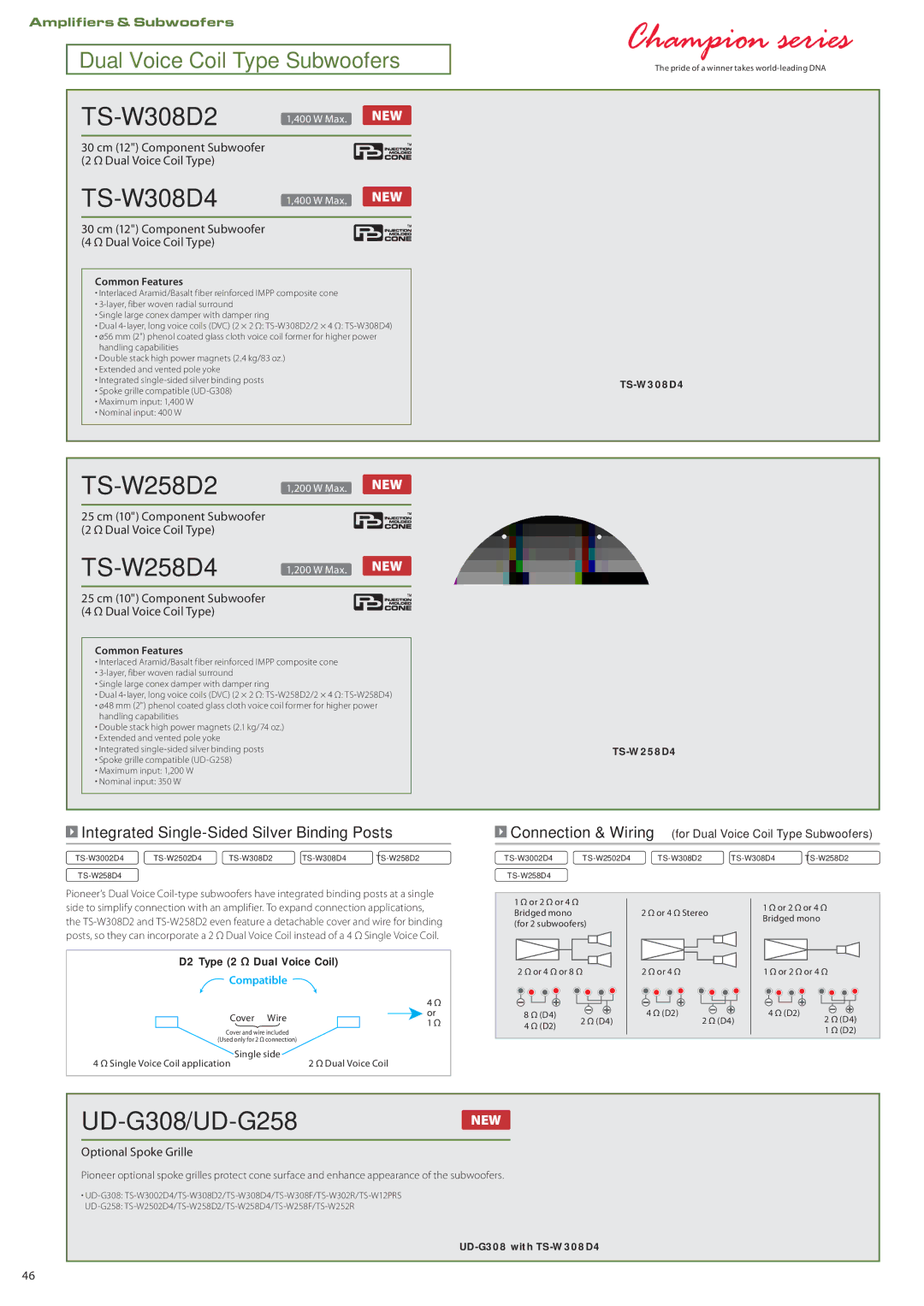 Pioneer DVH-3150UB, DEH-P5150UB manual UD-G308/UD-G258, Integrated Single-Sided Silver Binding Posts, Optional Spoke Grille 