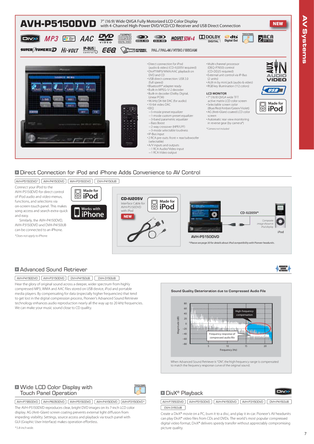 Pioneer AVH-P5150DVD, RS-D7RII Advanced Sound Retriever, Wide LCD Color Display with Touch Panel Operation, DivX Playback 