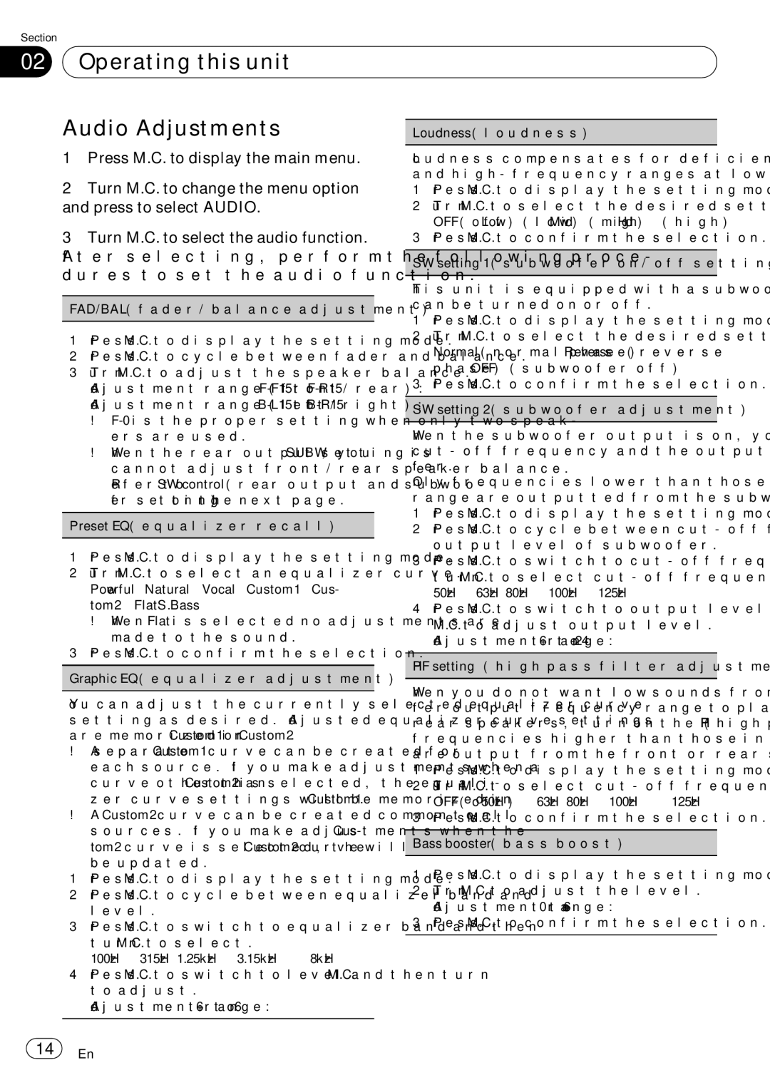 Pioneer DEH-P5200HD operation manual Operating this unit Audio Adjustments 