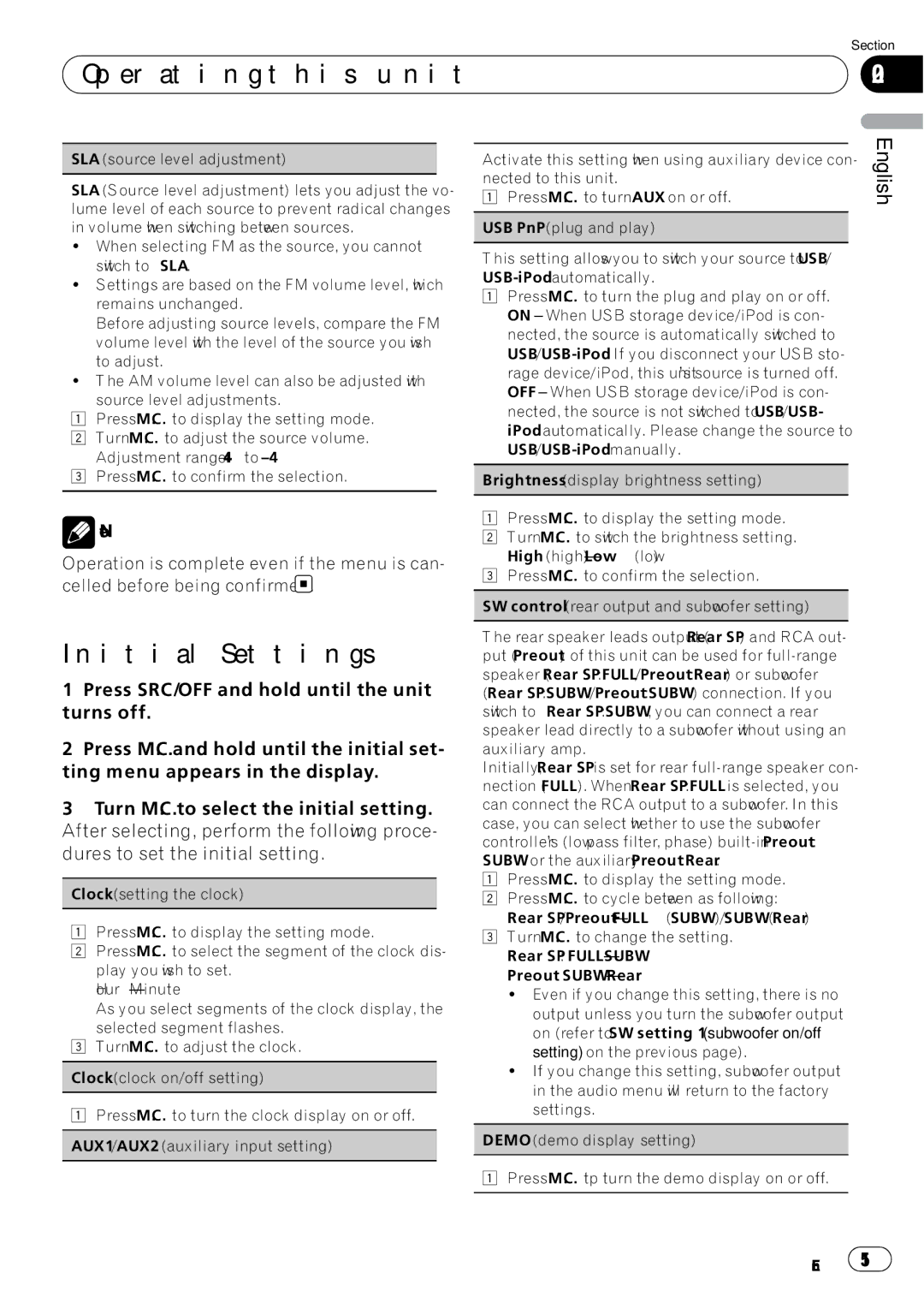 Pioneer DEH-P5200HD operation manual Initial Settings, SLA source level adjustment 