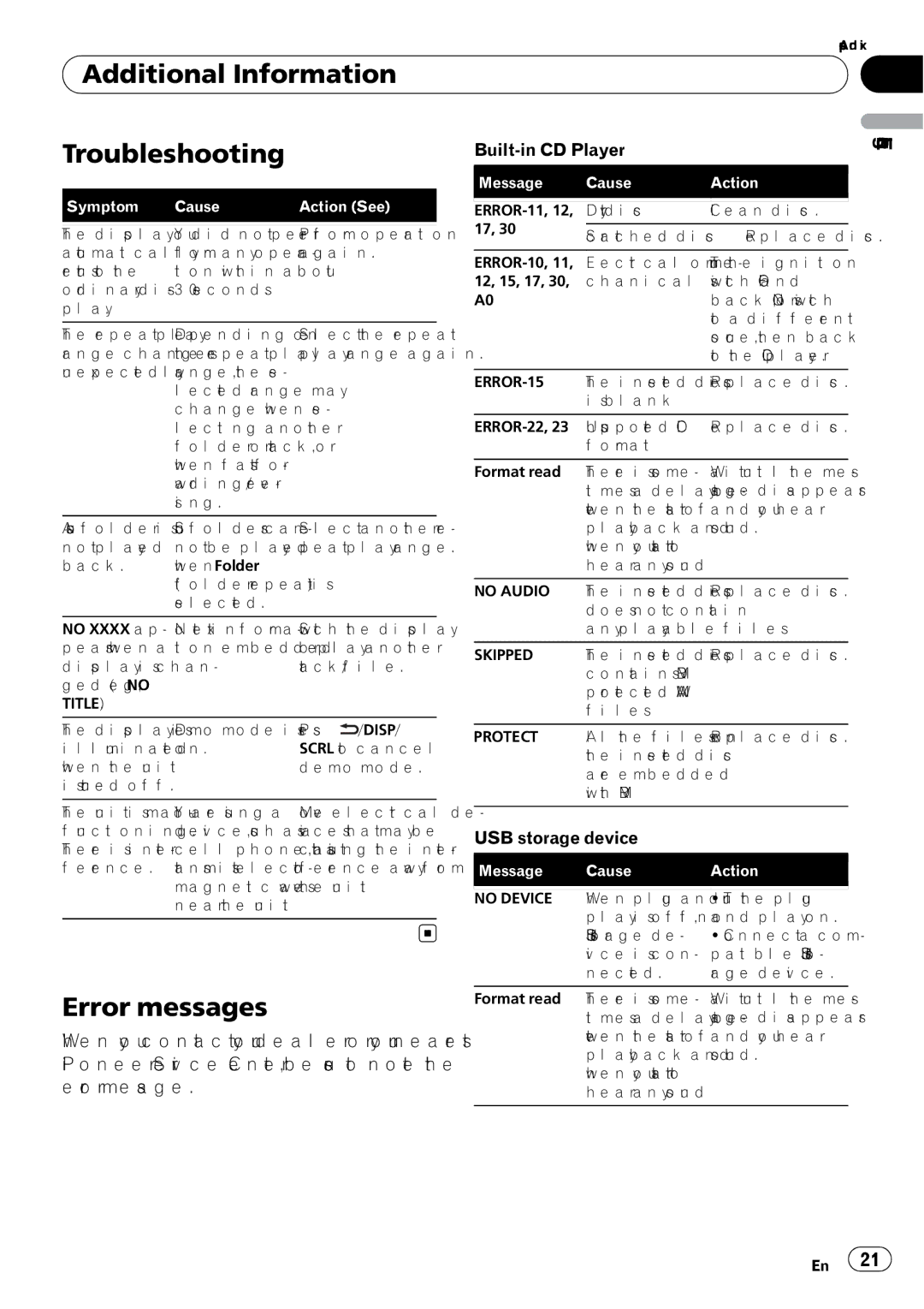 Pioneer DEH-P5200HD Additional Information Troubleshooting, Error messages, Built-in CD Player, USB storage device 