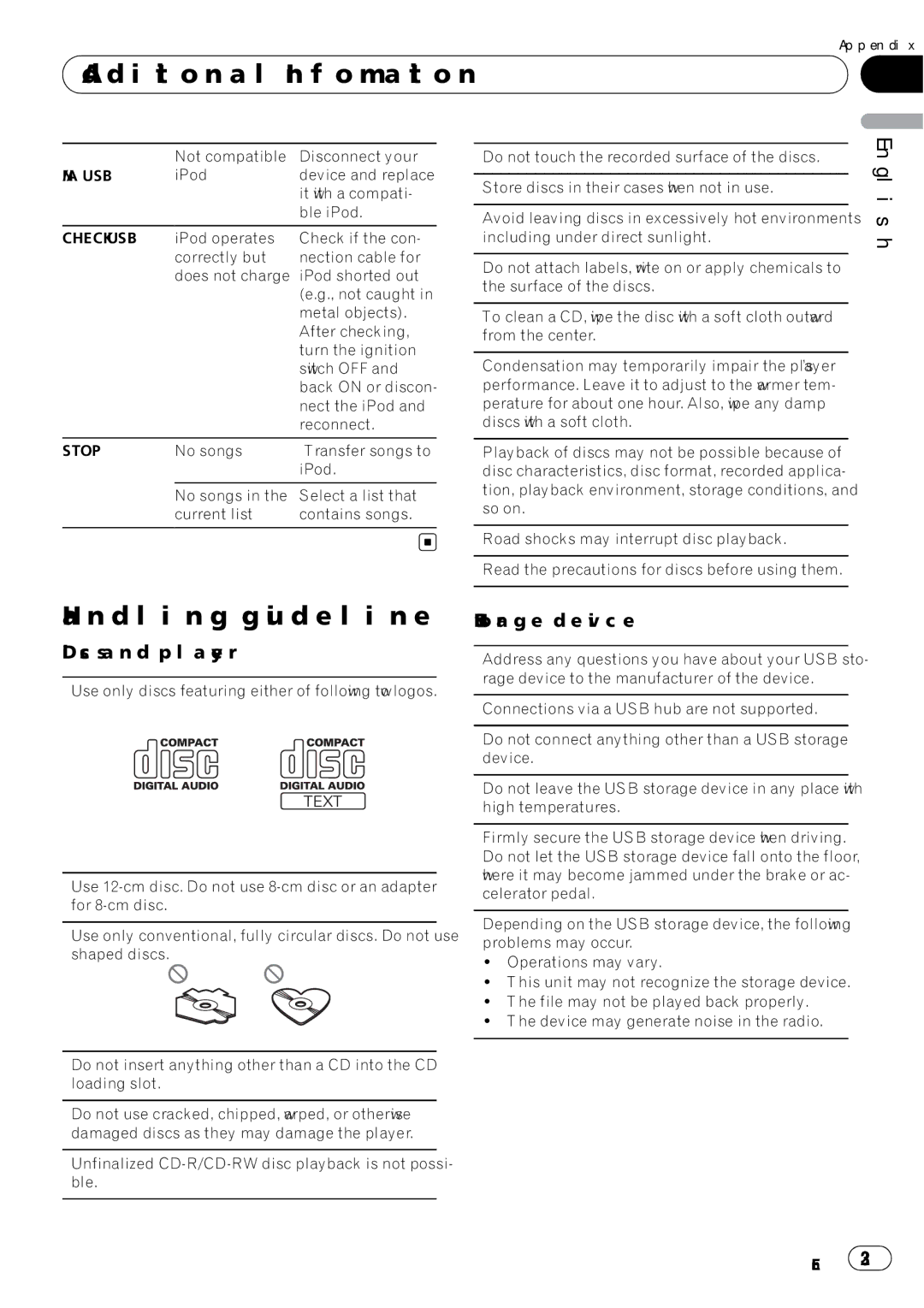 Pioneer DEH-P5200HD operation manual Handling guideline, Discs and player, Stop 