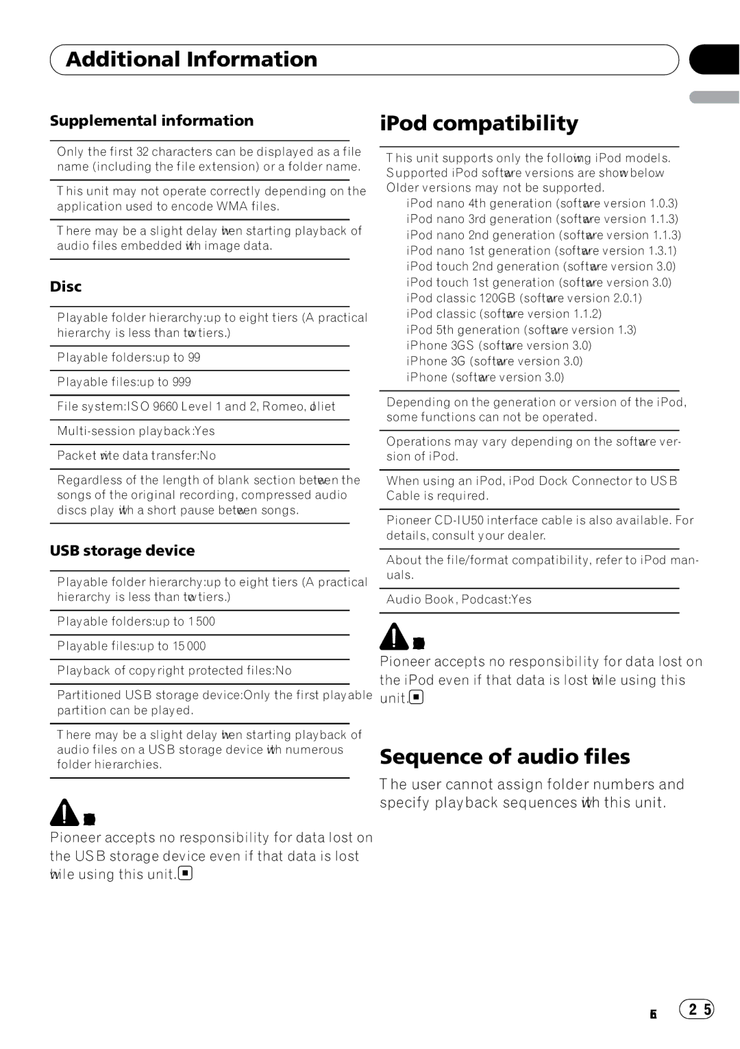 Pioneer DEH-P5200HD operation manual IPod compatibility, Sequence of audio files, Supplemental information, Disc 