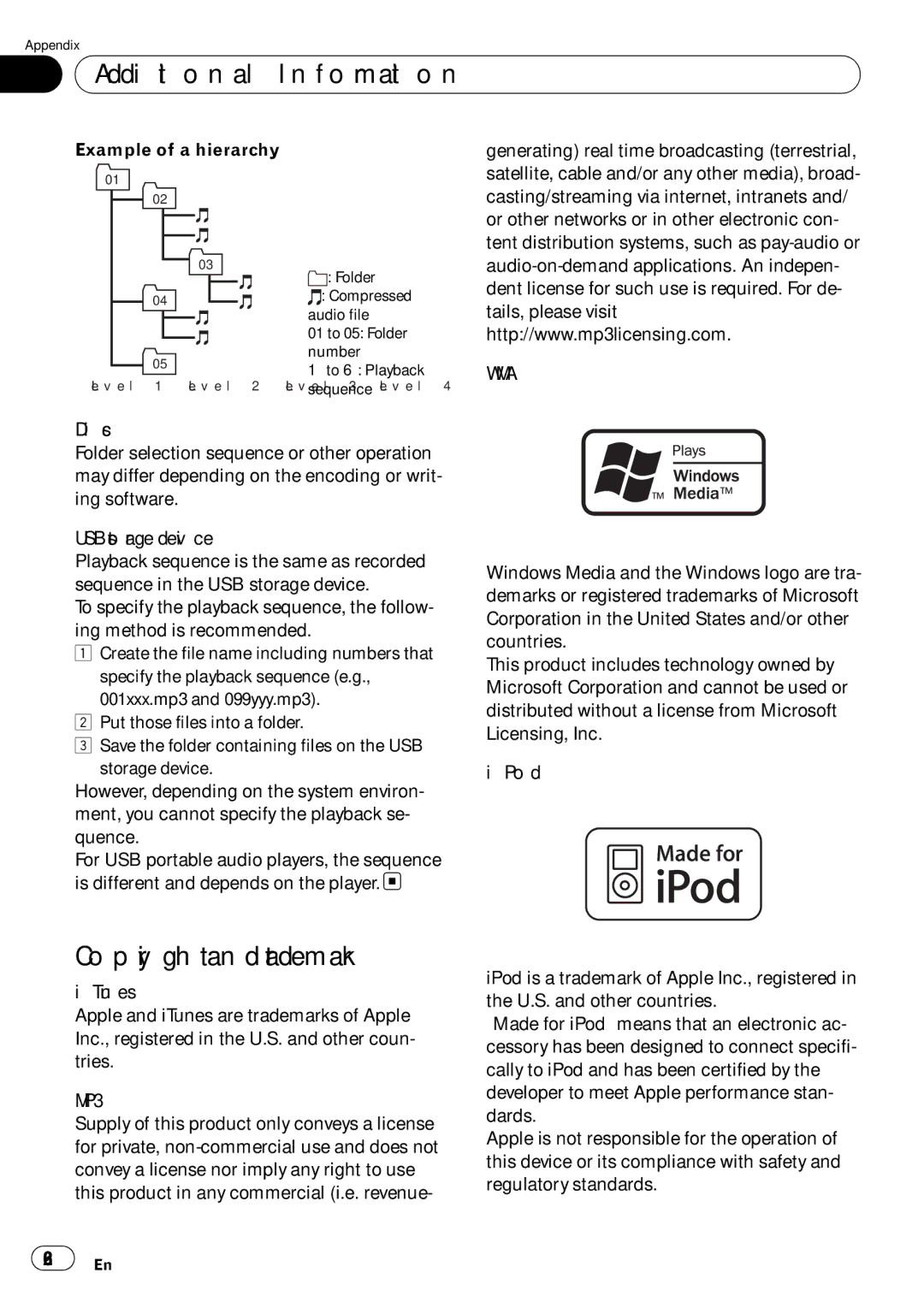 Pioneer DEH-P5200HD operation manual Copyright and trademark, Example of a hierarchy, 26 En 