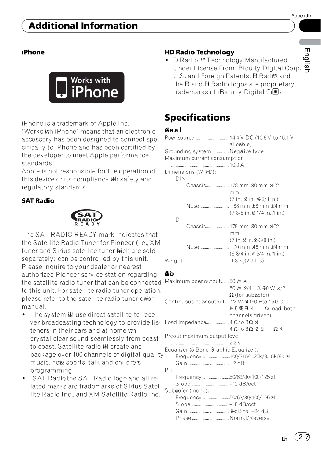 Pioneer DEH-P5200HD operation manual Specifications, General, Audio, Din, Hpf 