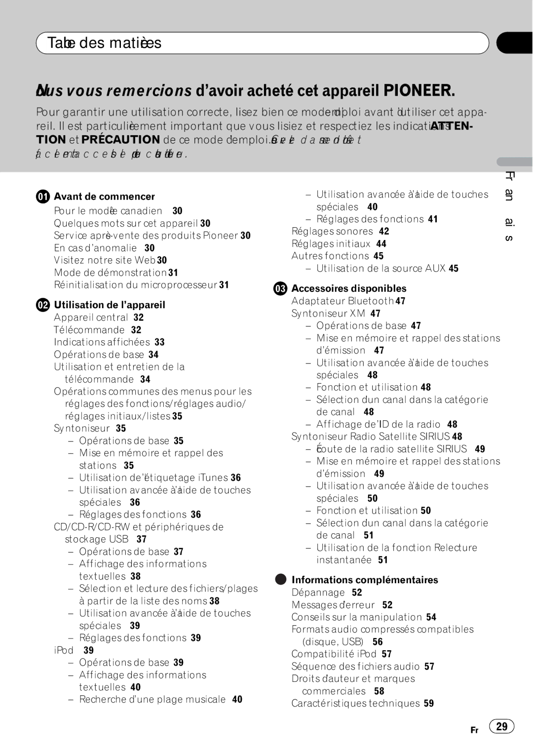 Pioneer DEH-P5200HD operation manual Table des matières 