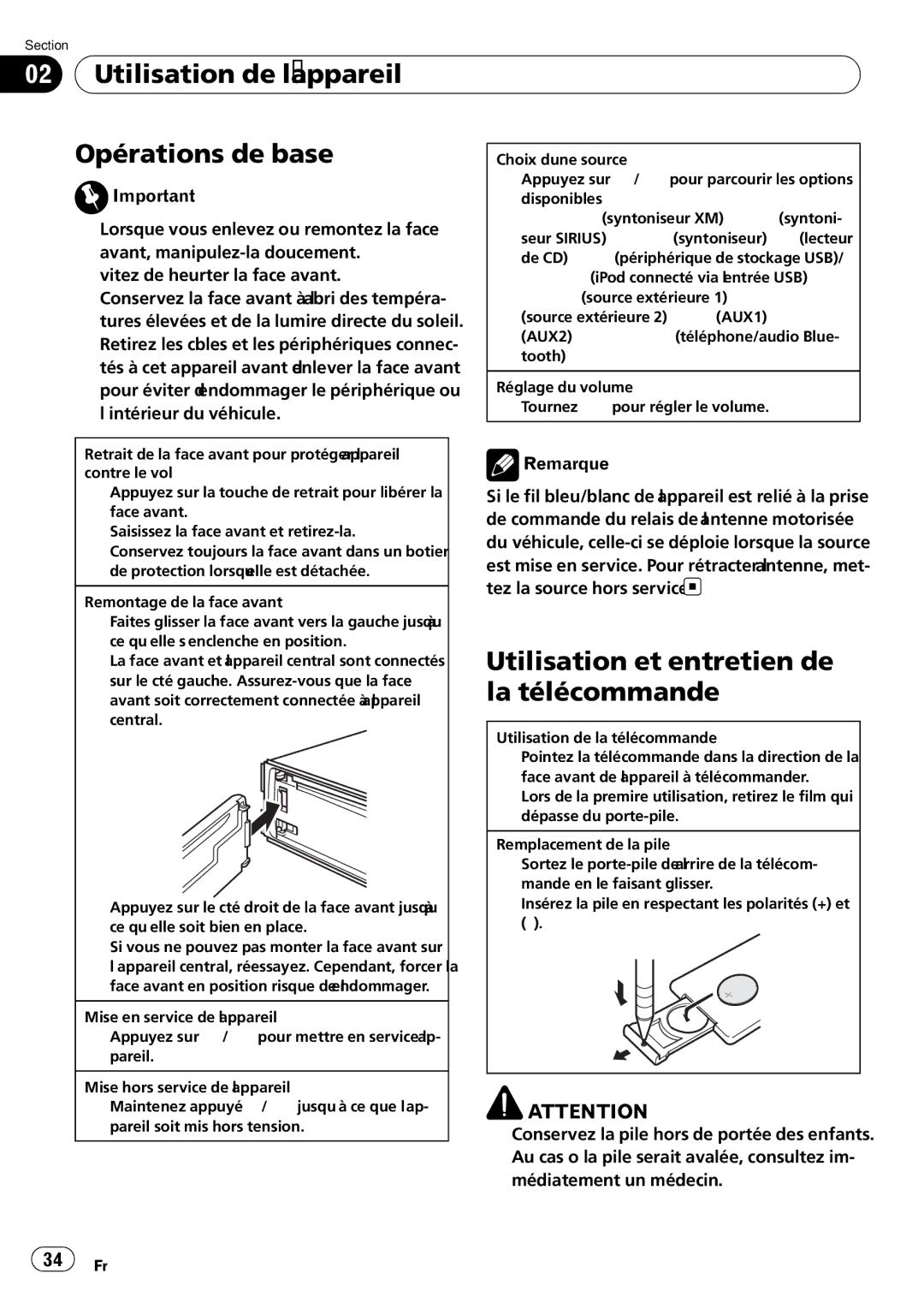 Pioneer DEH-P5200HD Utilisation de l’appareil Opérations de base, Utilisation et entretien de, La télécommande 