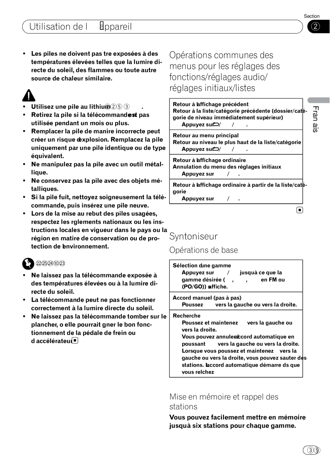 Pioneer DEH-P5200HD operation manual Syntoniseur, Opérations de base, Mise en mémoire et rappel des stations 