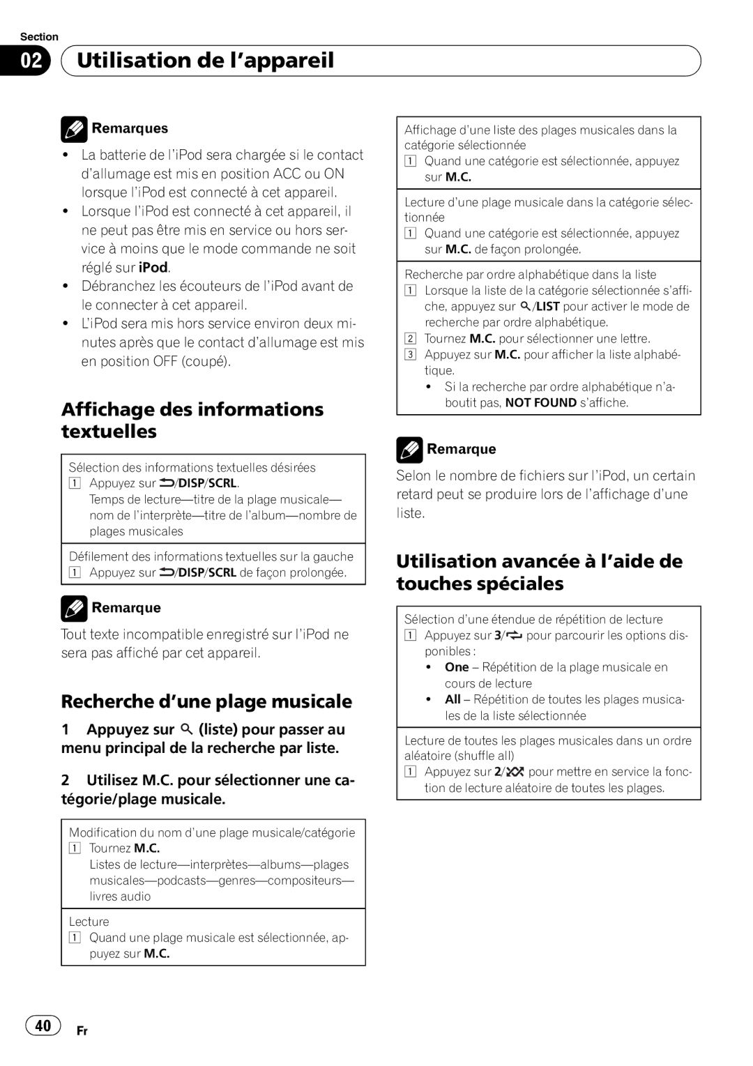 Pioneer DEH-P5200HD operation manual Recherche d’une plage musicale, Remarques, 40 Fr 